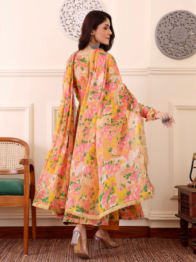 Yellow &amp; Pink Floral Digital Printed Anarkali Kurti Set with Dupatta