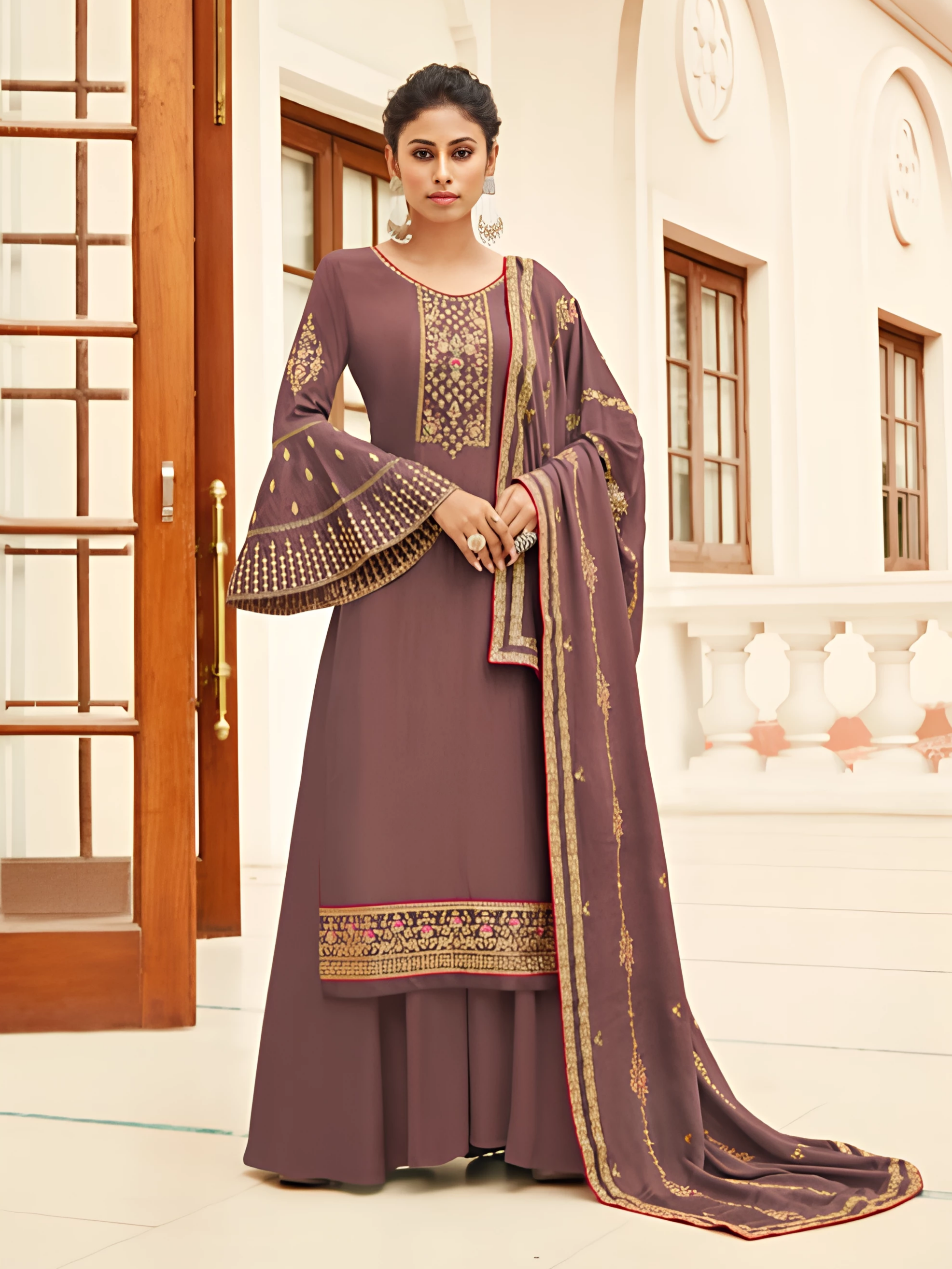Mauve Soft Silk Heavy Embroidered Palazzo Suit