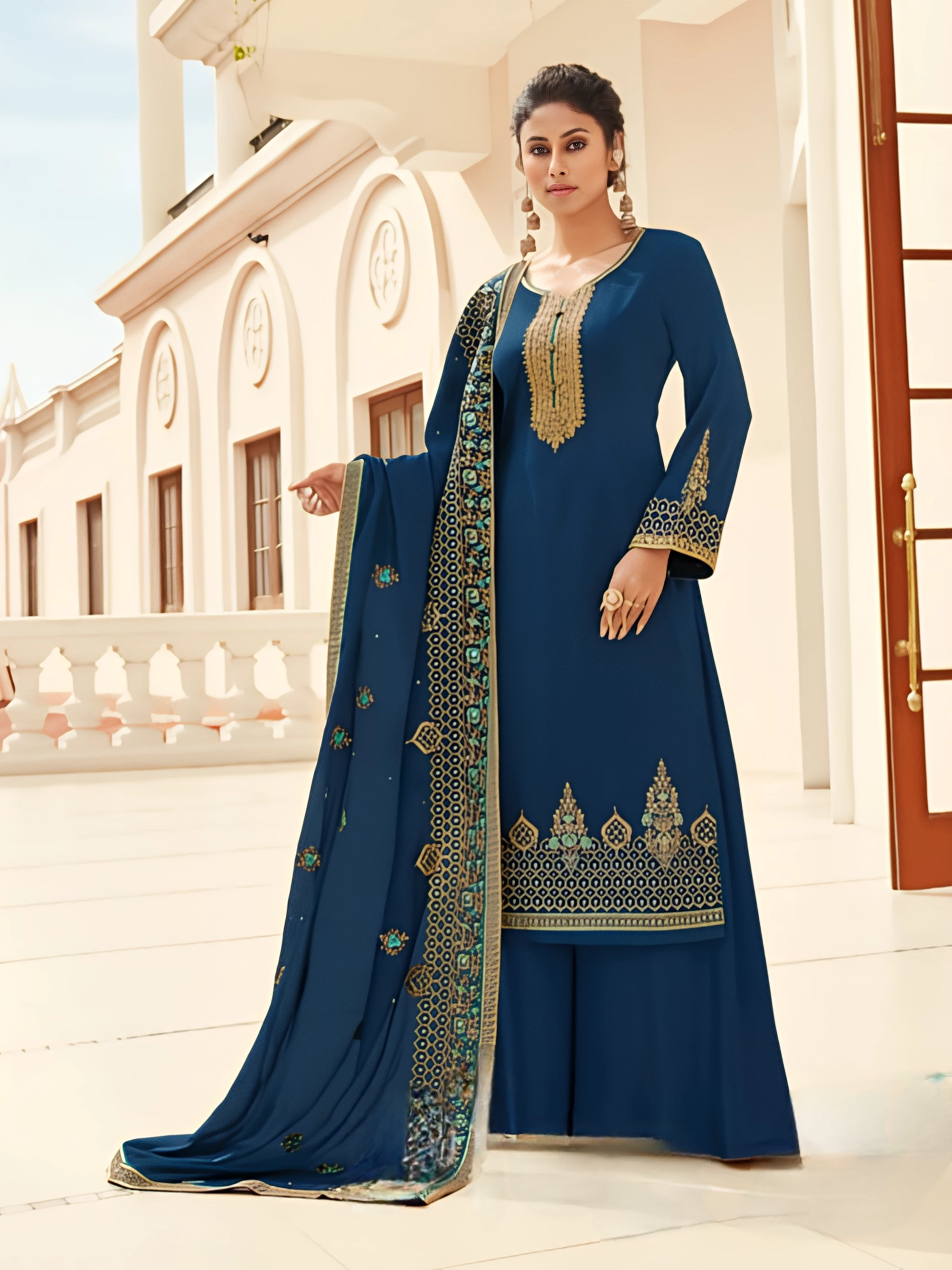 Royal Blue Heavy Embroidered Palazzo Suit