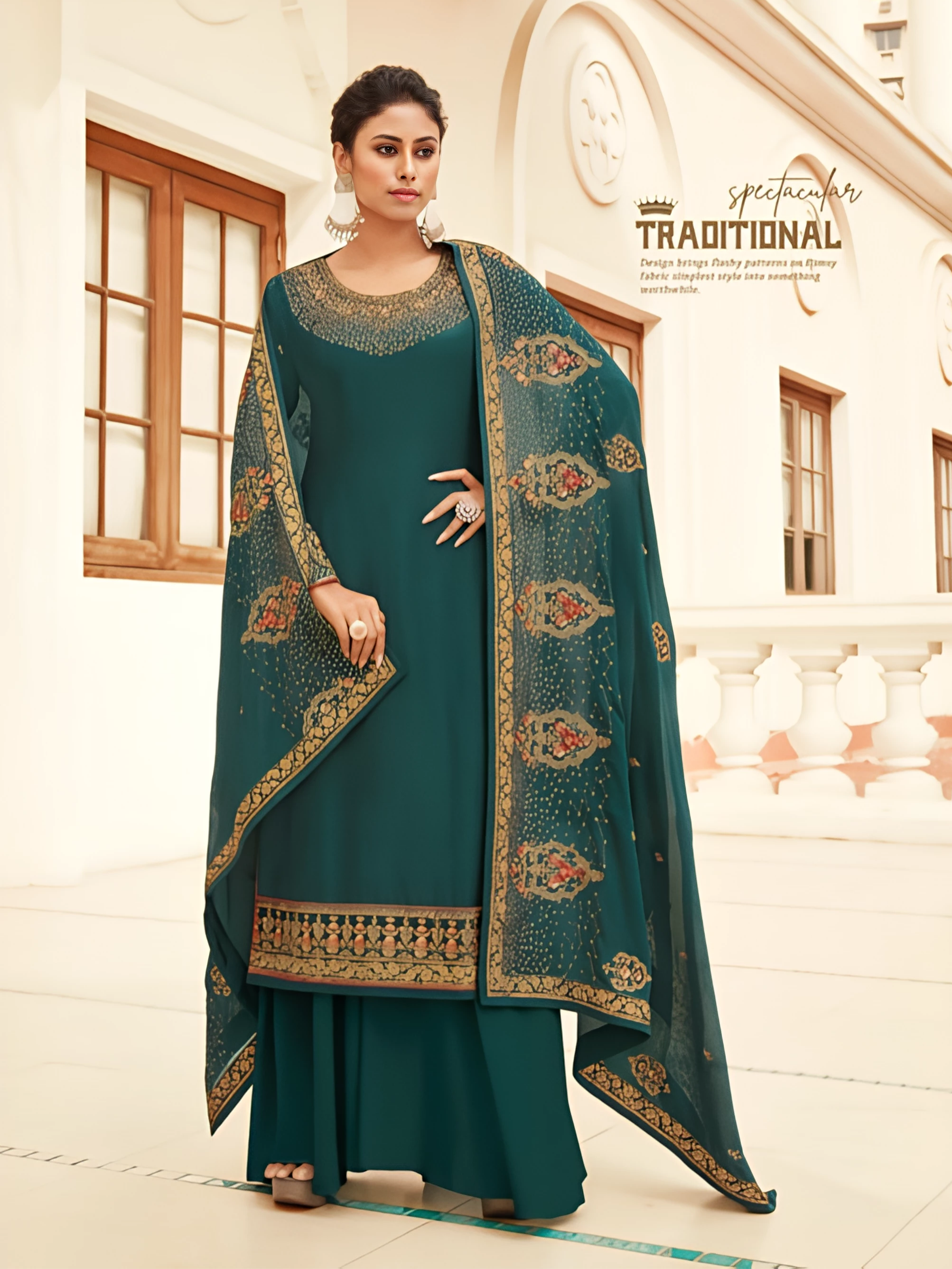 Teal Green Heavy Embroidered Palazzo Suit