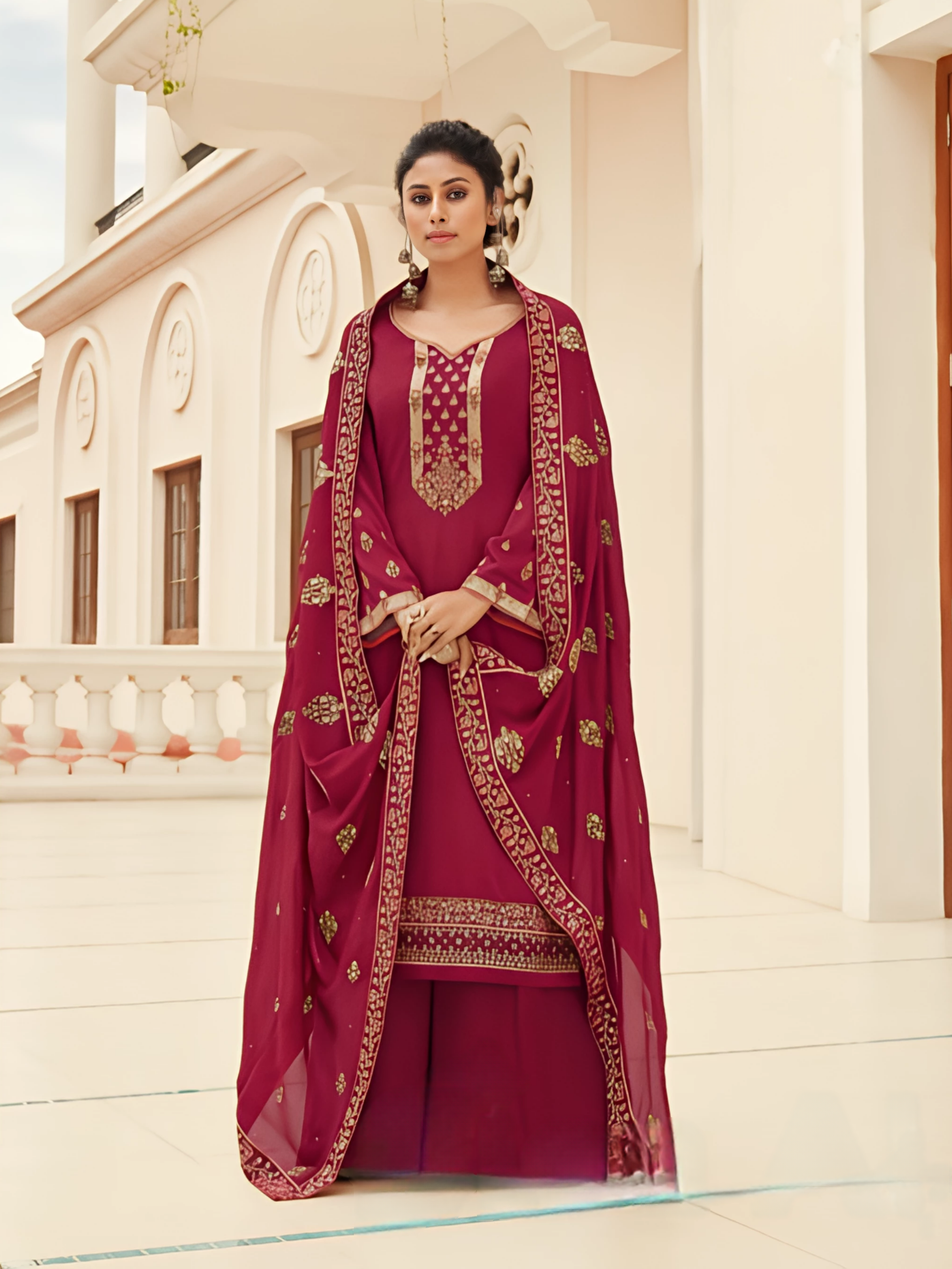 Maroon Heavy Embroidered Palazzo Suit