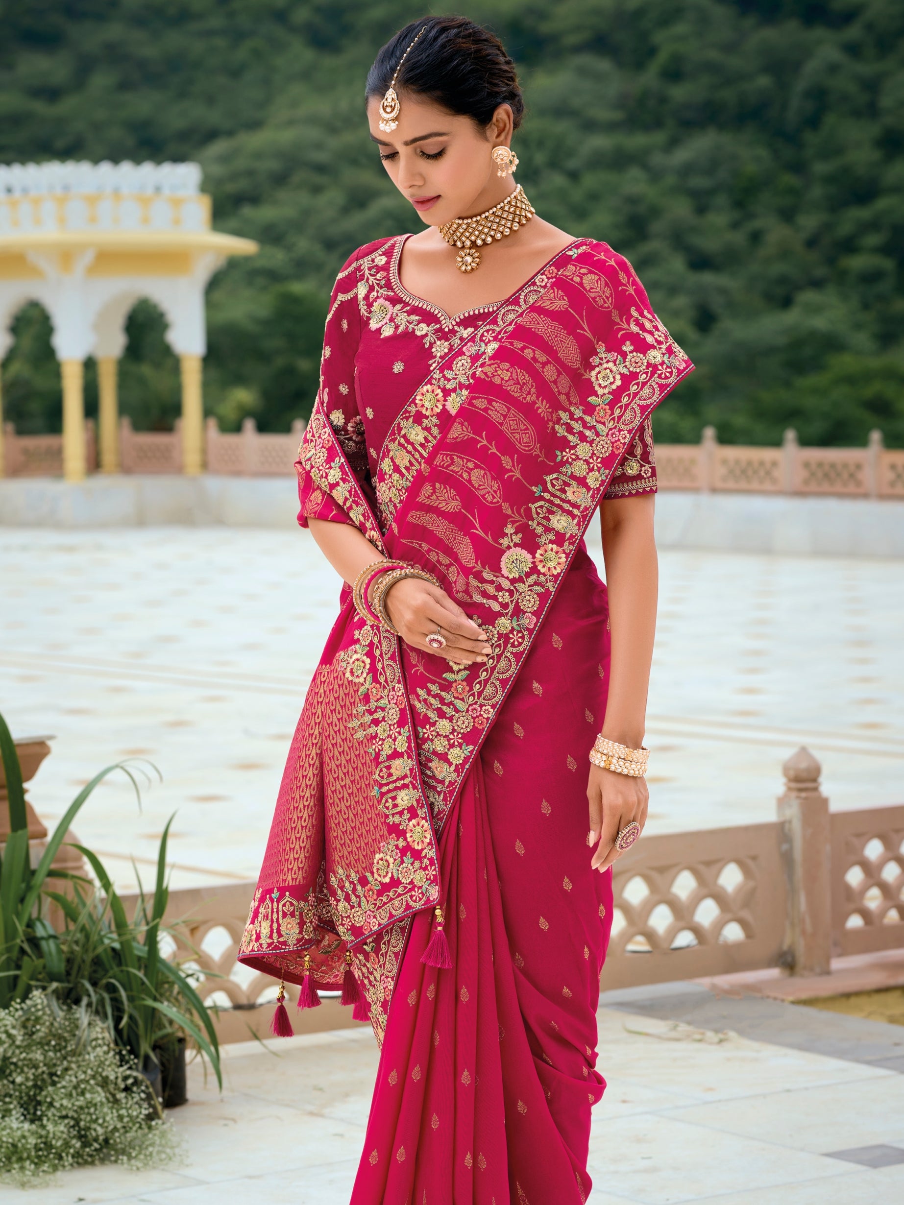 Wine Red Banarasi Silk Saree with Golden Zari Weaving