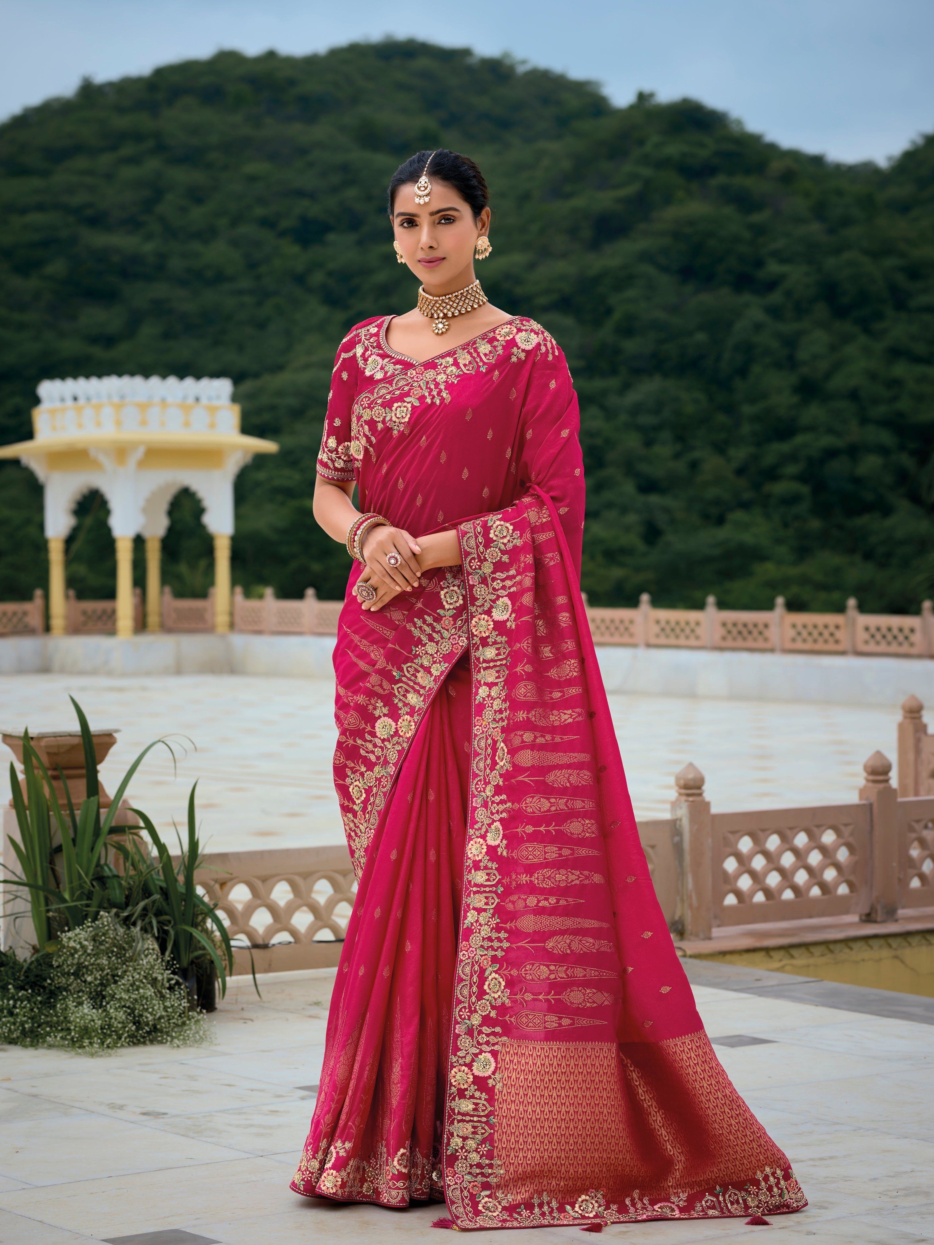 Wine Red Banarasi Silk Saree with Golden Zari Weaving