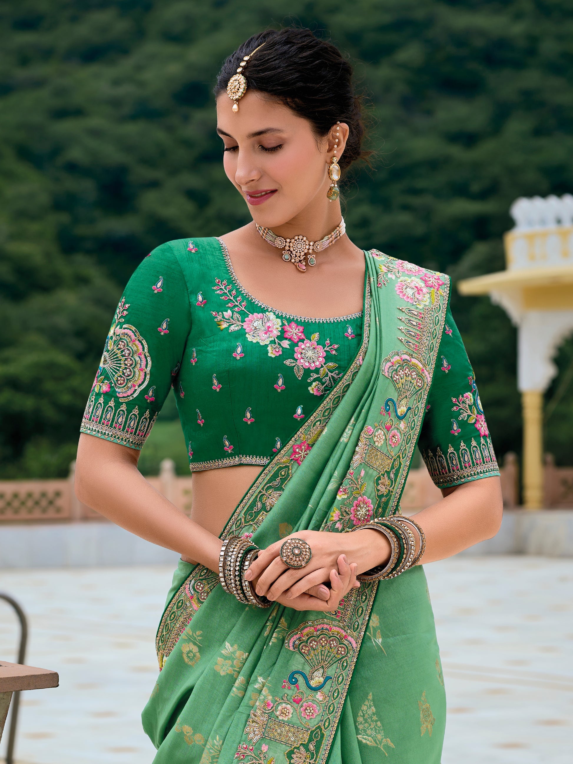 Pastel Green Banarasi Silk Saree with Floral Zari Weaving