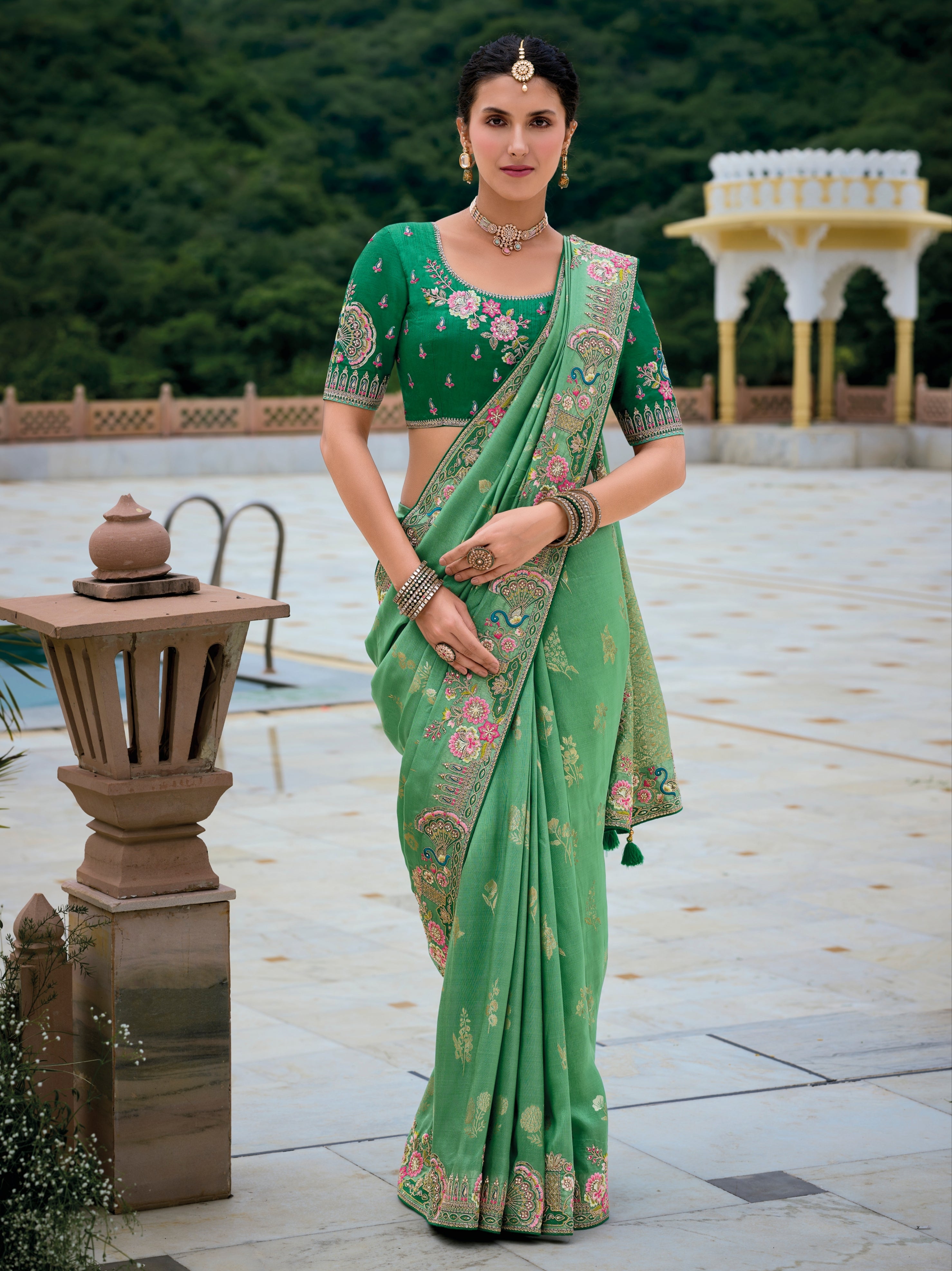 Pastel Green Banarasi Silk Saree with Floral Zari Weaving
