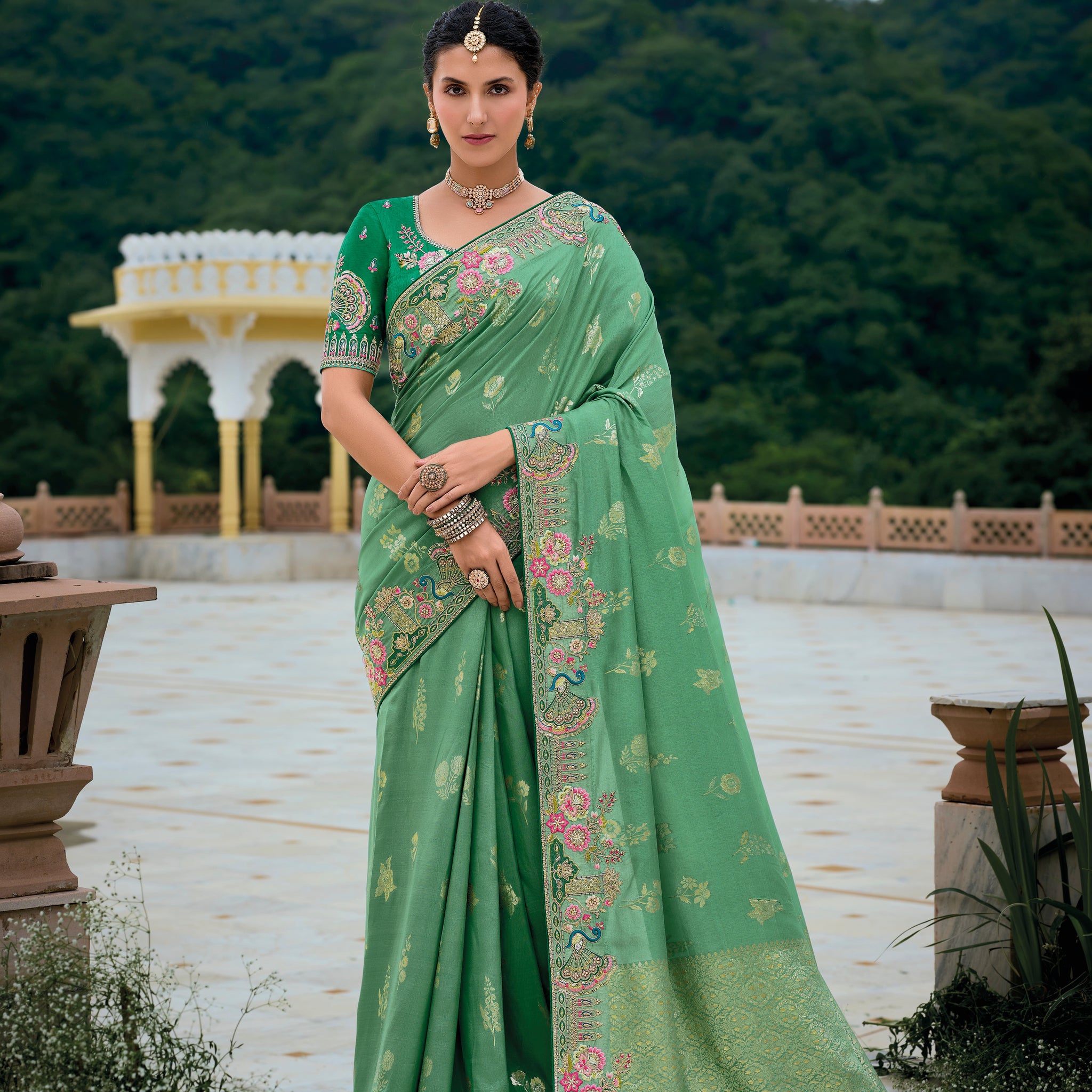 Pastel Green Banarasi Silk Saree with Floral Zari Weaving