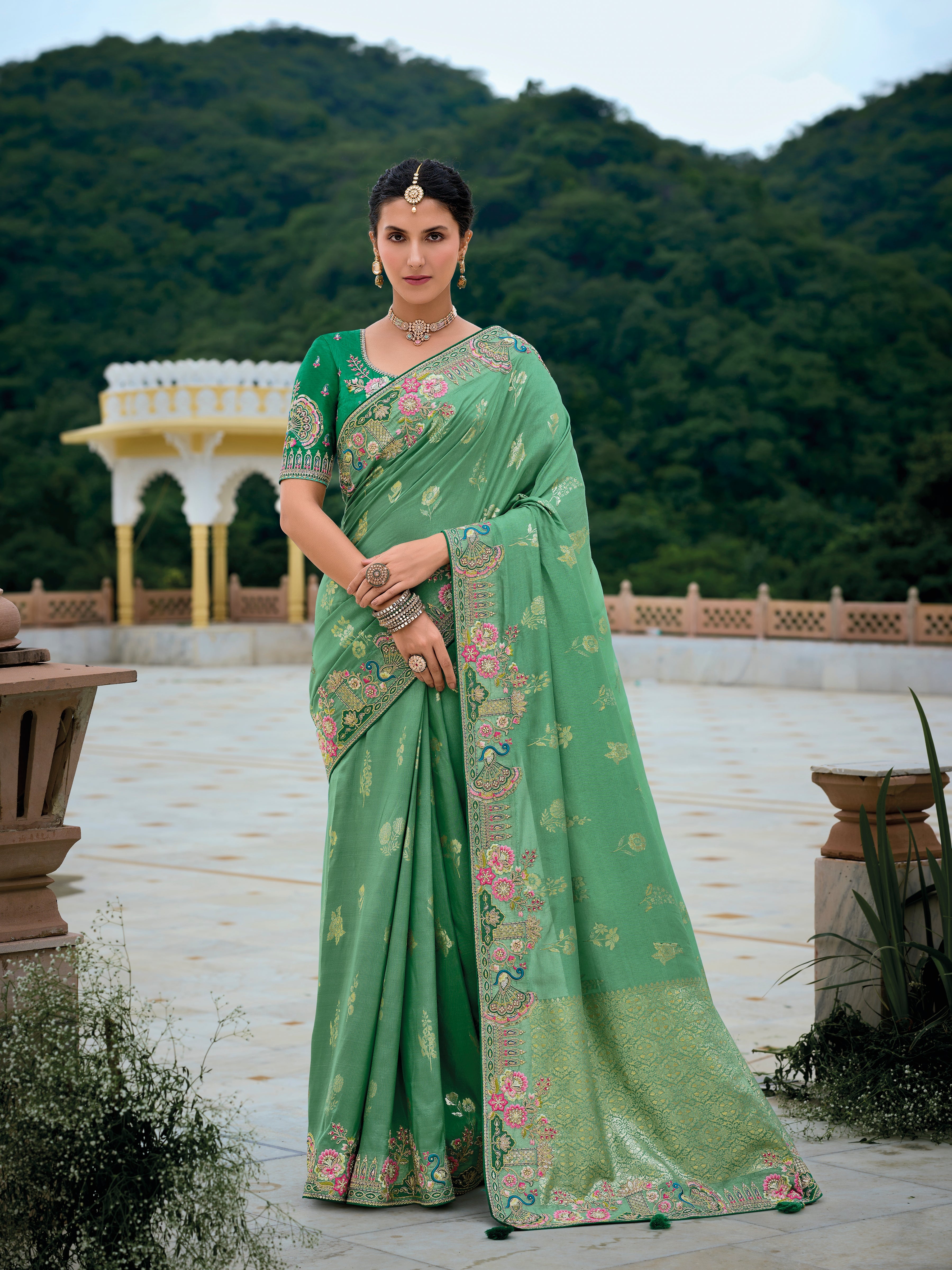 Pastel Green Banarasi Silk Saree with Floral Zari Weaving