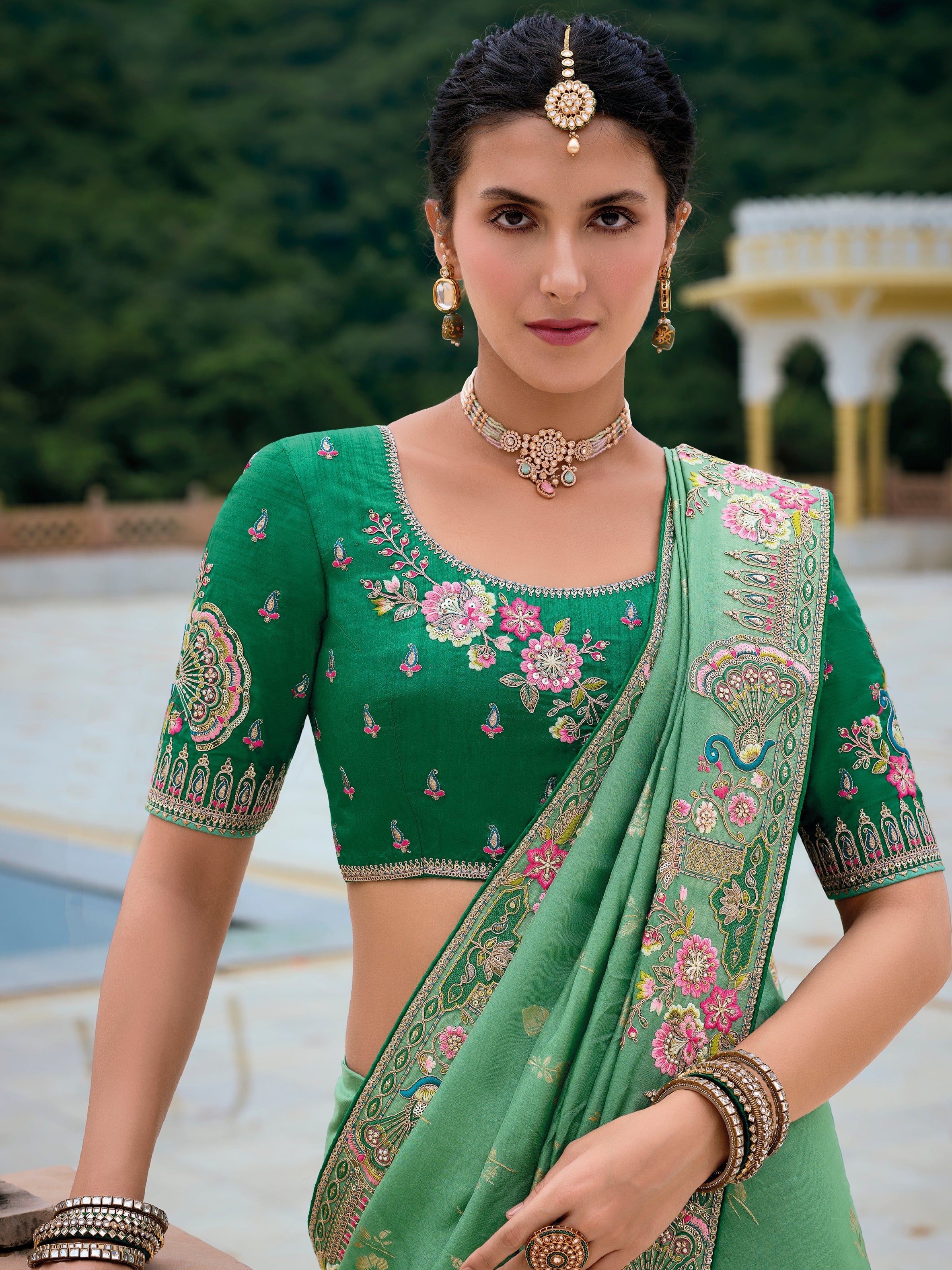 Pastel Green Banarasi Silk Saree with Floral Zari Weaving