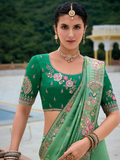 Pastel Green Banarasi Silk Saree with Floral Zari Weaving