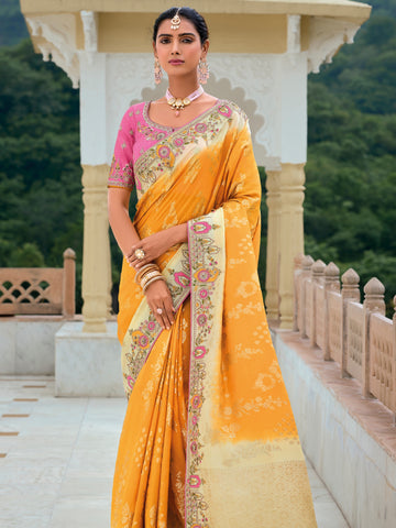 Yellow Banarasi Silk Saree with Heavy Zari Pallu