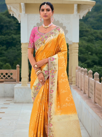 Yellow Banarasi Silk Saree with Heavy Zari Pallu