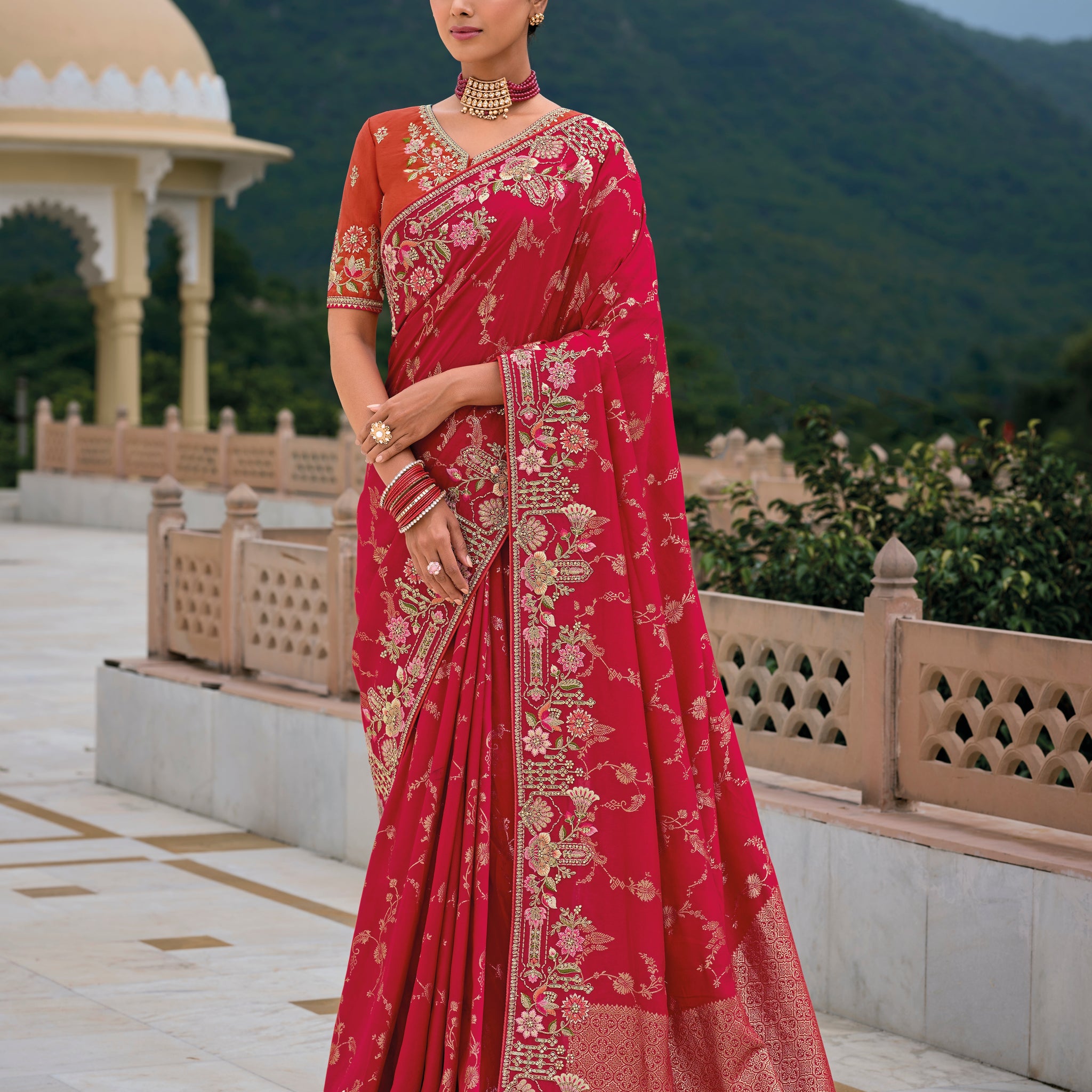 Red Banarasi Silk Saree with Gold Zari Weaving