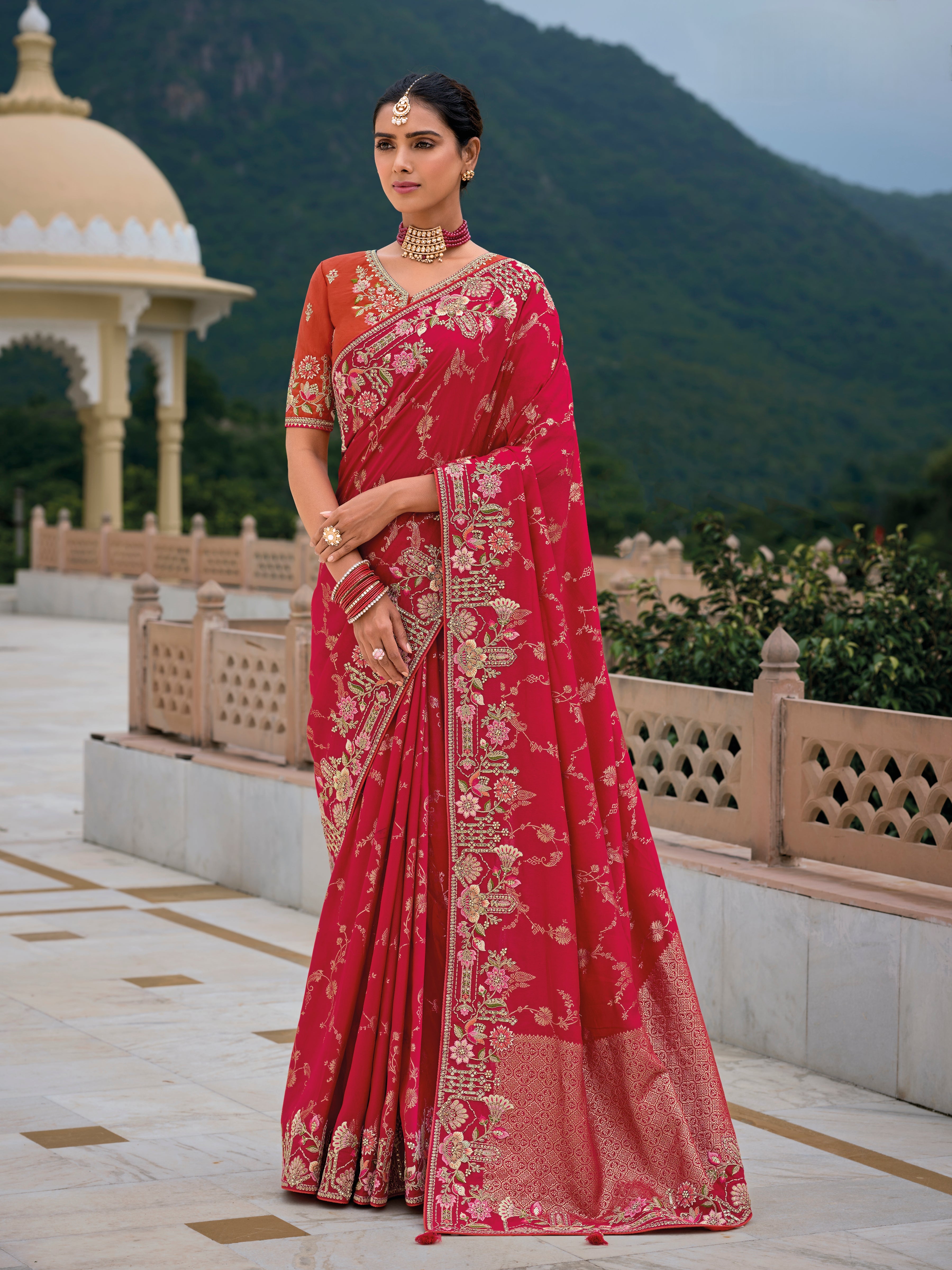 Red Banarasi Silk Saree with Gold Zari Weaving