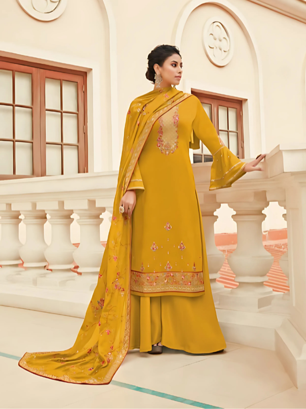 Mustard Yellow Heavy Embroidered Palazzo Suit