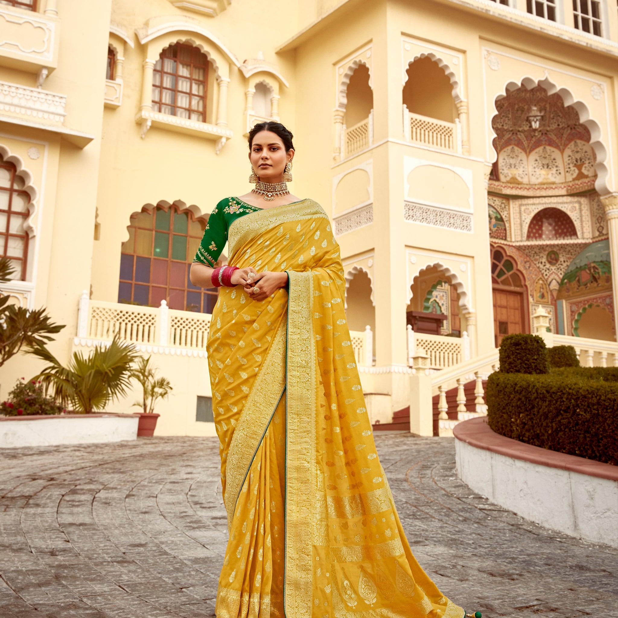 Mustard Yellow Designer Dola Silk Wedding Saree