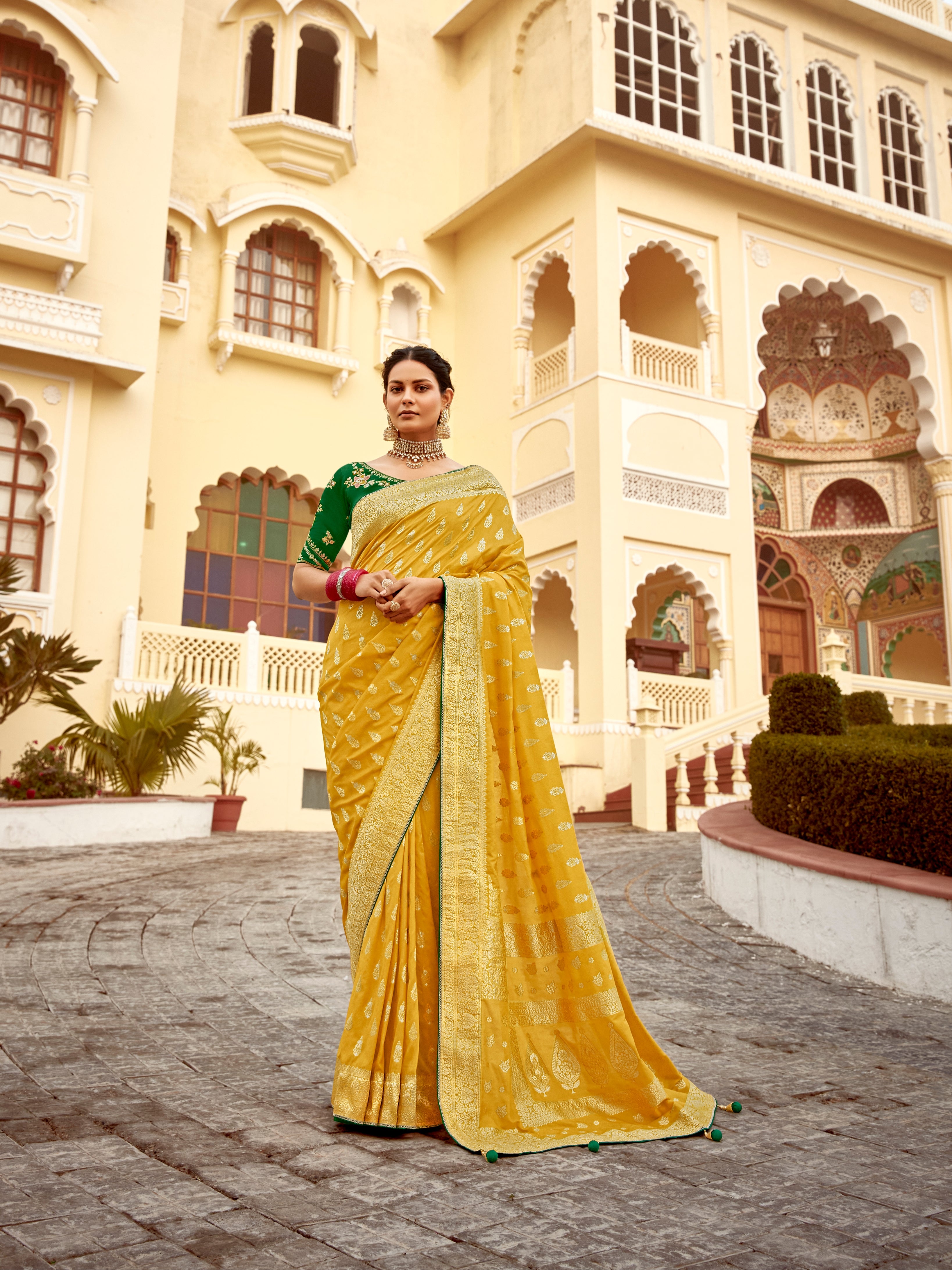 Mustard Yellow Designer Dola Silk Wedding Saree