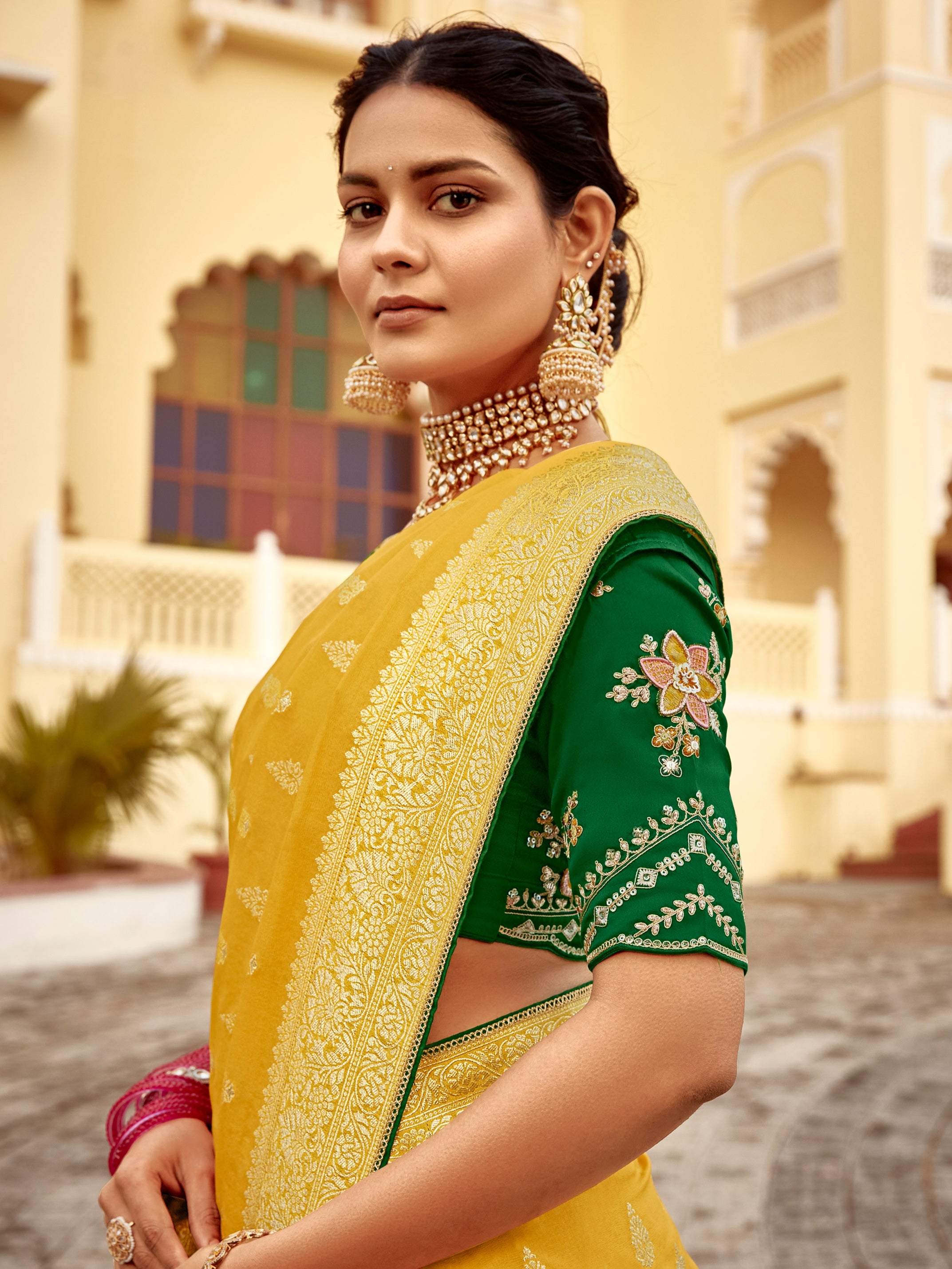 Mustard Yellow Designer Dola Silk Wedding Saree