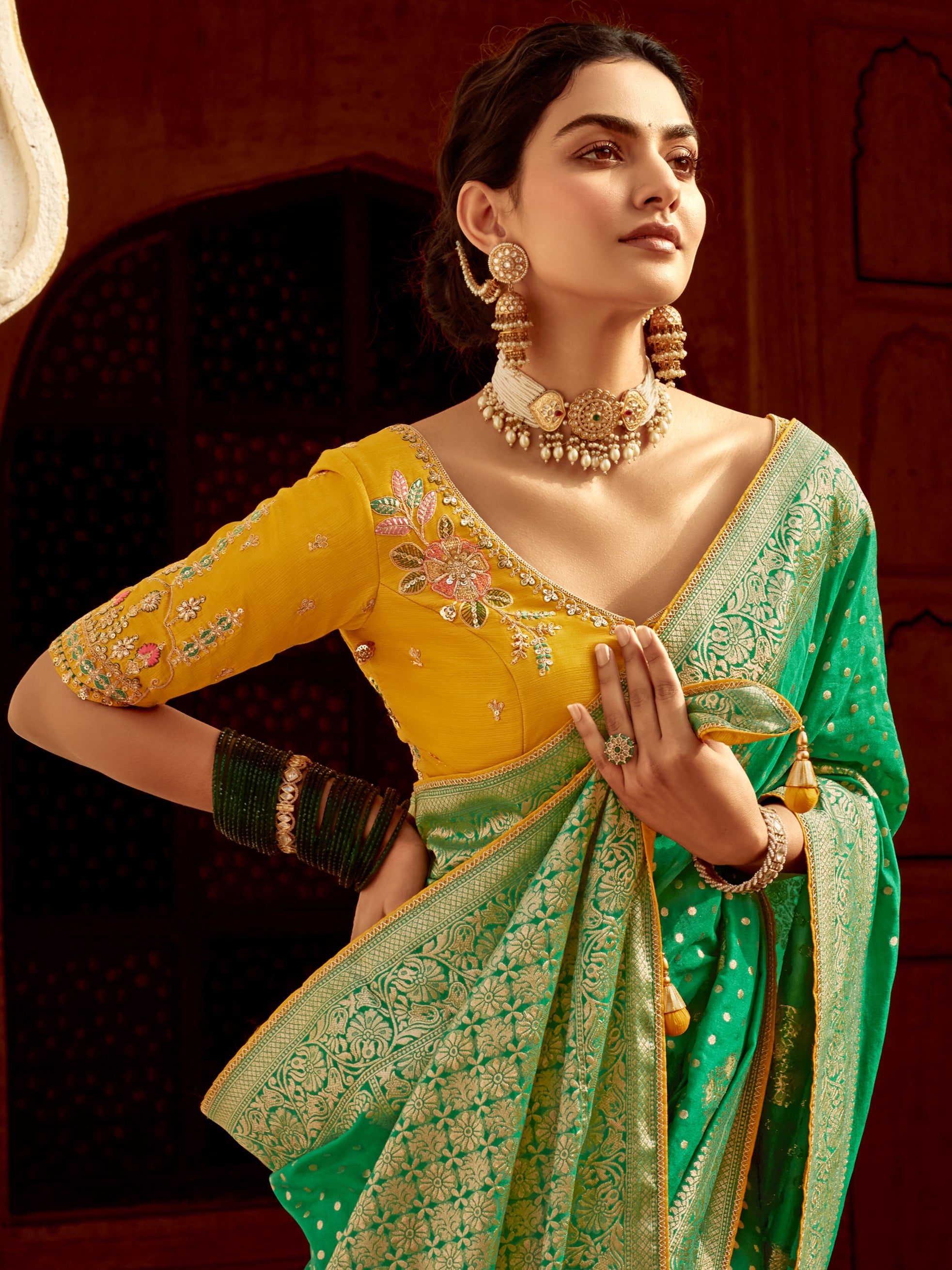Emerald Green Designer Dola Silk Wedding Saree