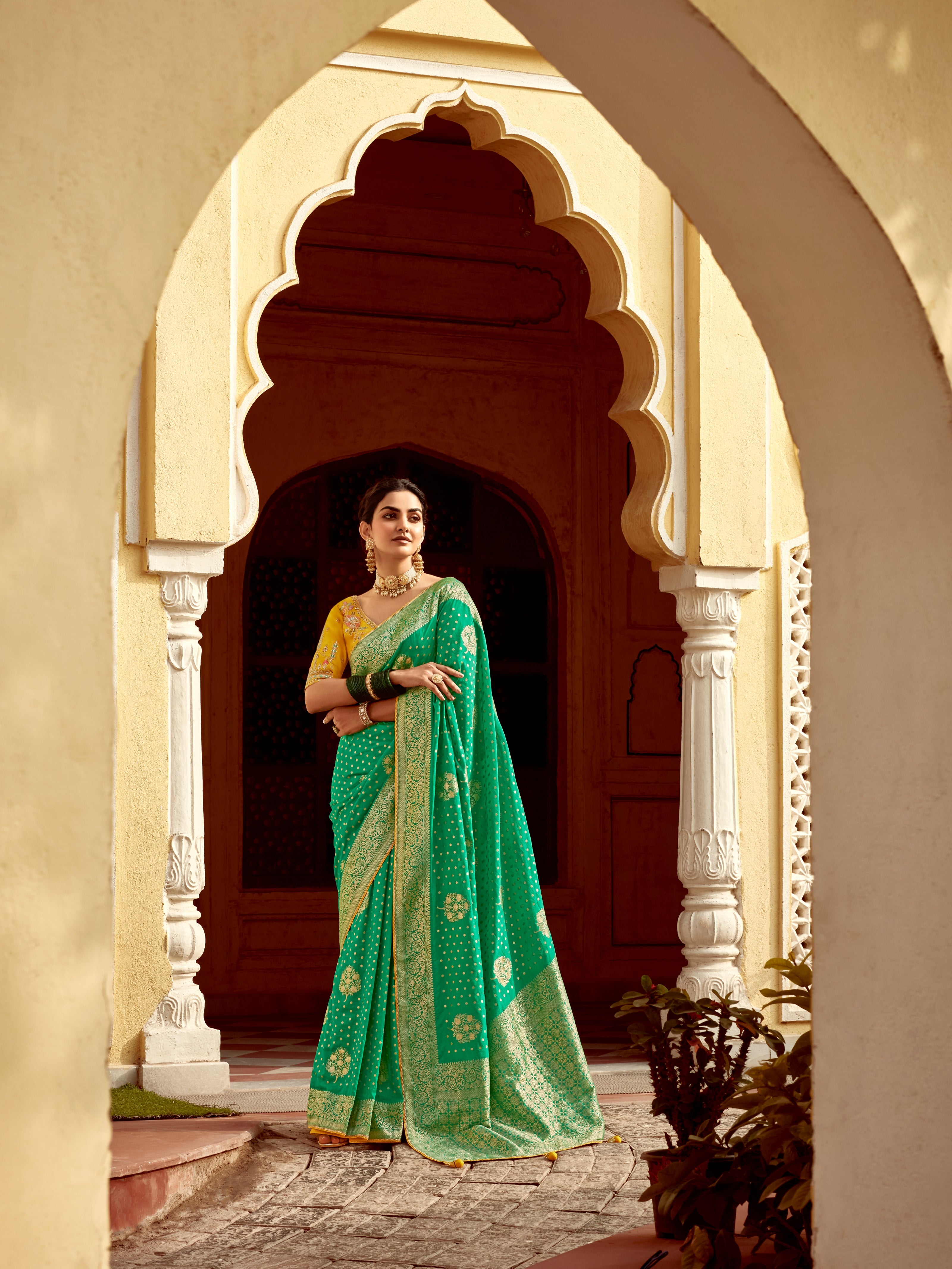 Emerald Green Designer Dola Silk Wedding Saree
