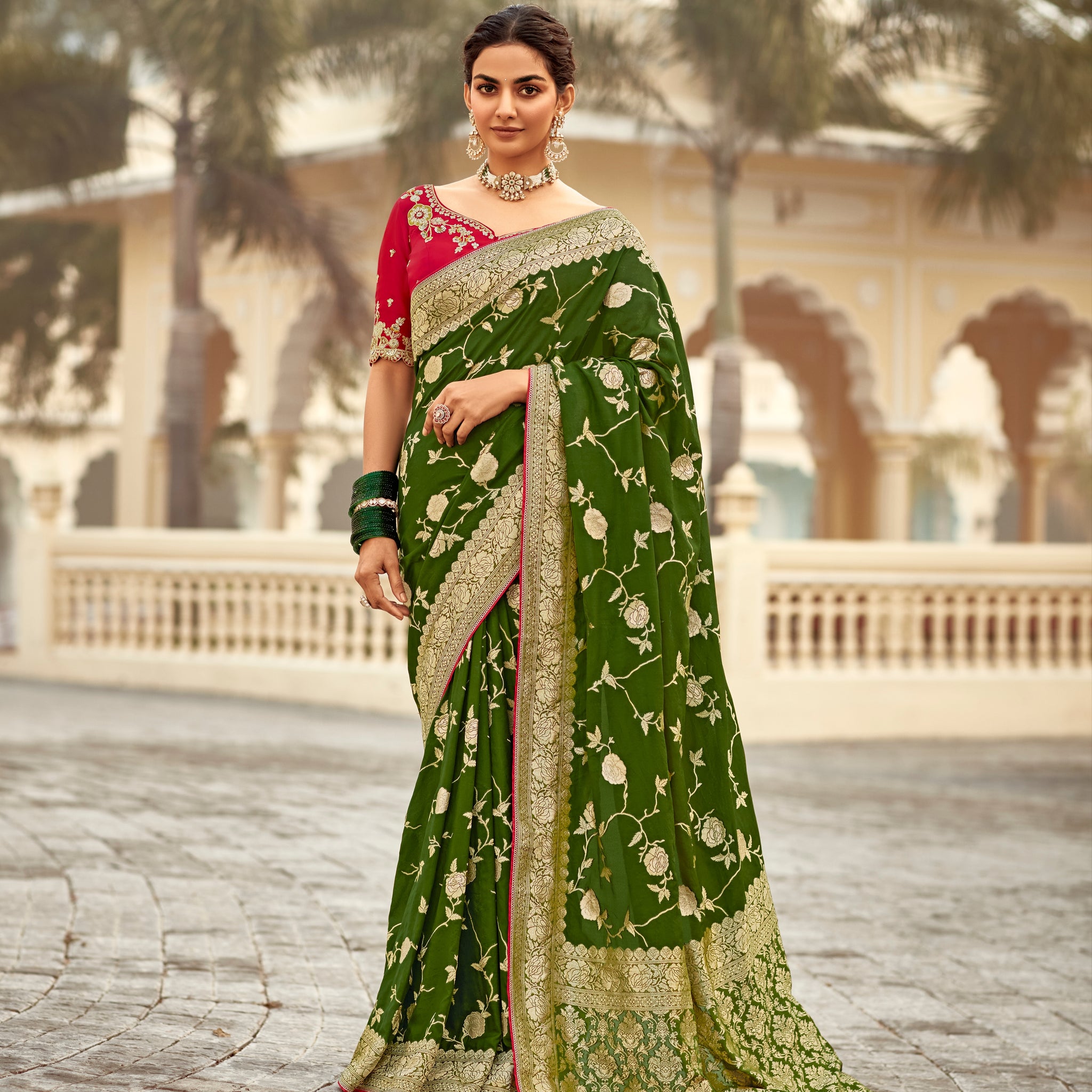 Bottle Green Banarasi Weaving Dola Silk Wedding Saree
