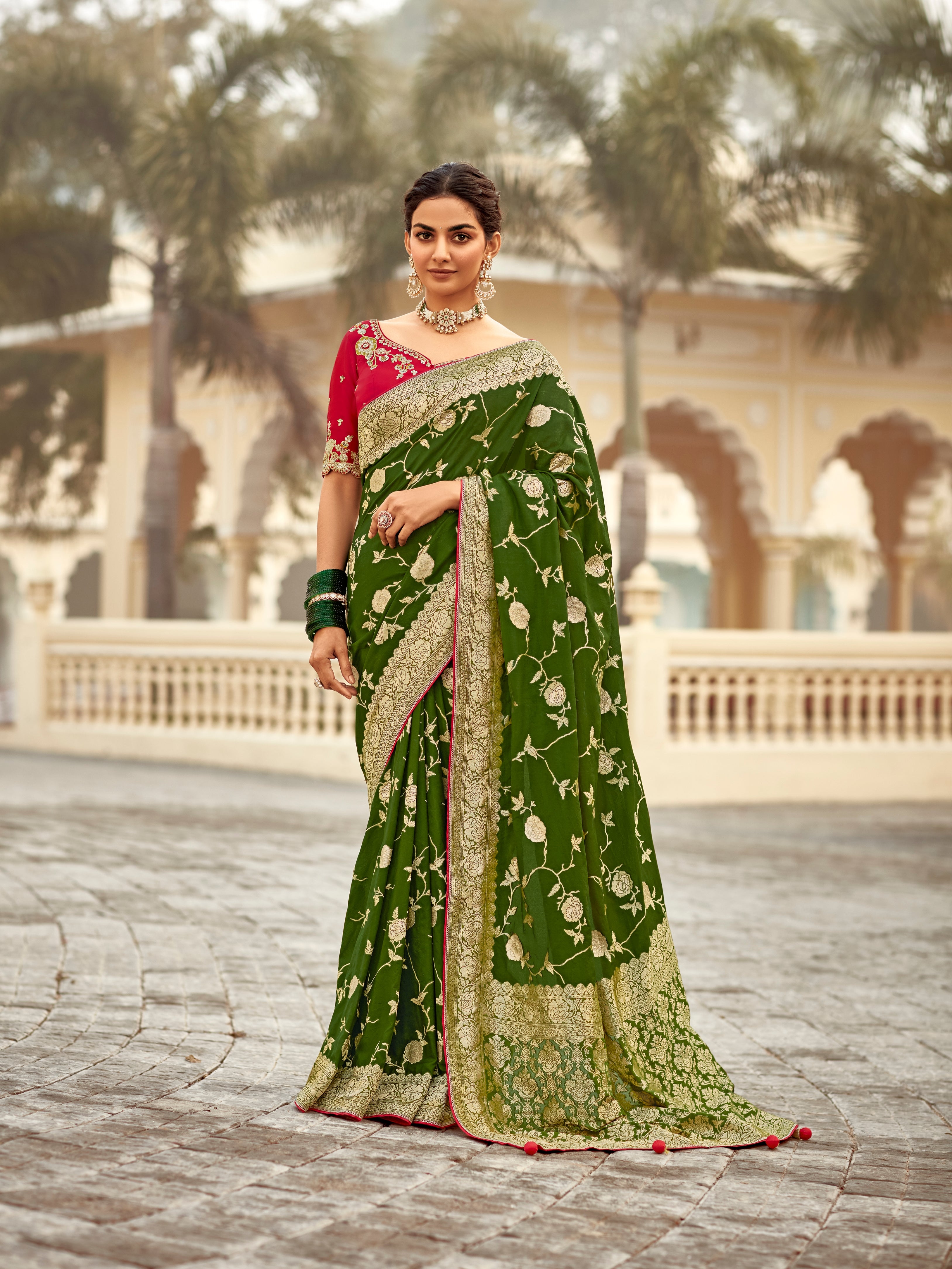 Bottle Green Banarasi Weaving Dola Silk Wedding Saree