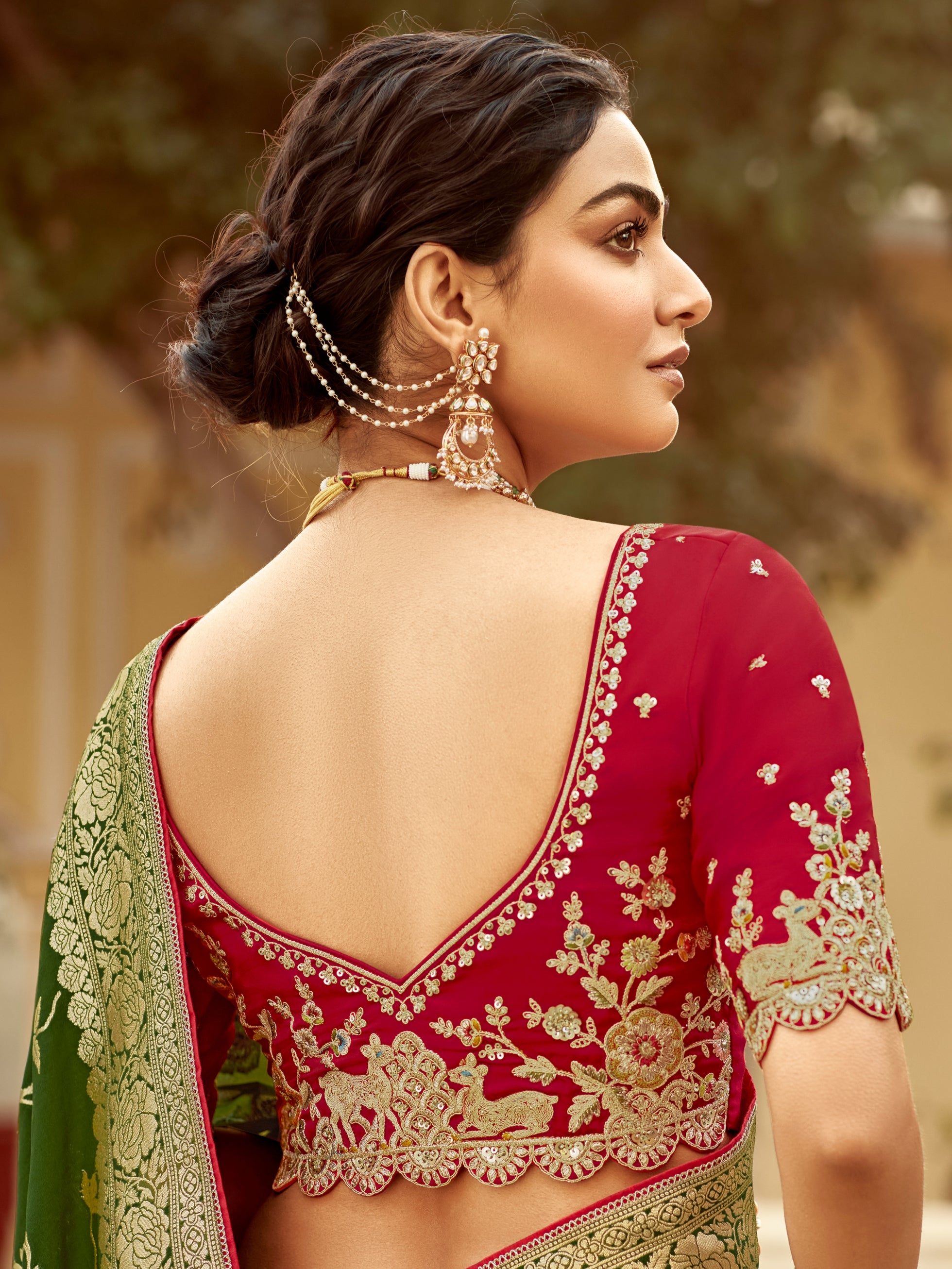 Bottle Green Banarasi Weaving Dola Silk Wedding Saree