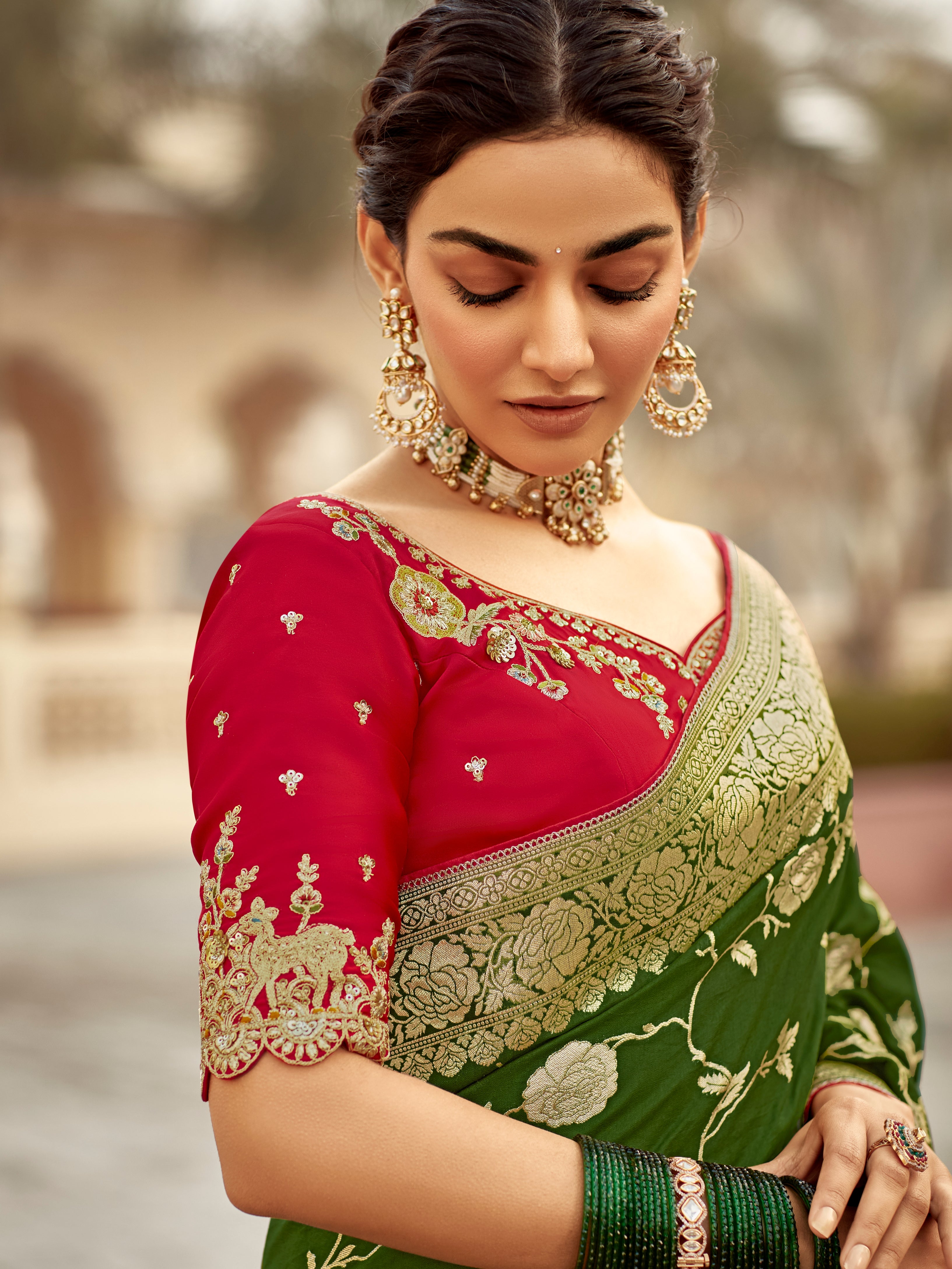 Bottle Green Banarasi Weaving Dola Silk Wedding Saree