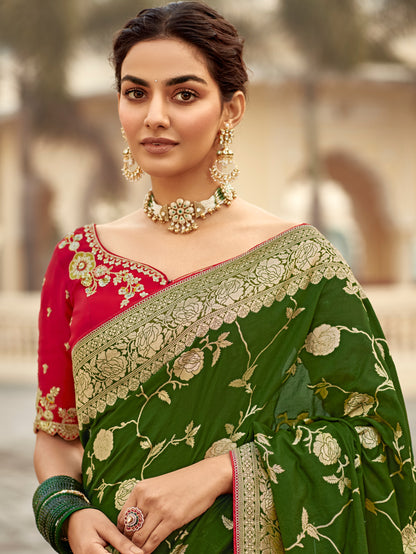 Bottle Green Banarasi Weaving Dola Silk Wedding Saree