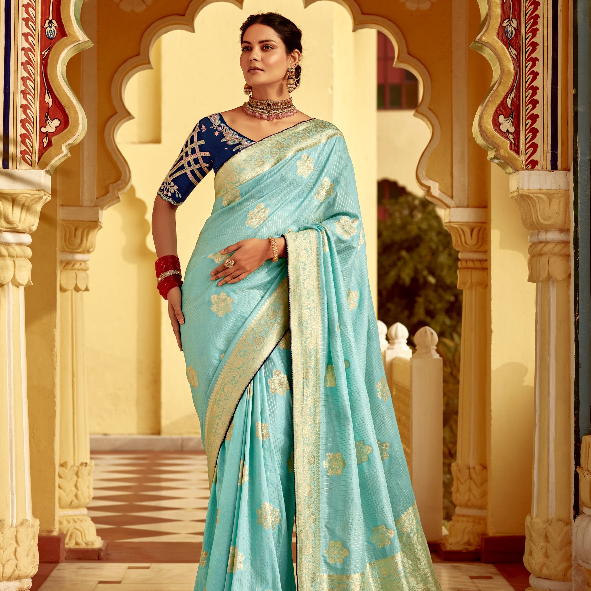 Sky Blue Banarasi Weaving Dola Silk Wedding Saree