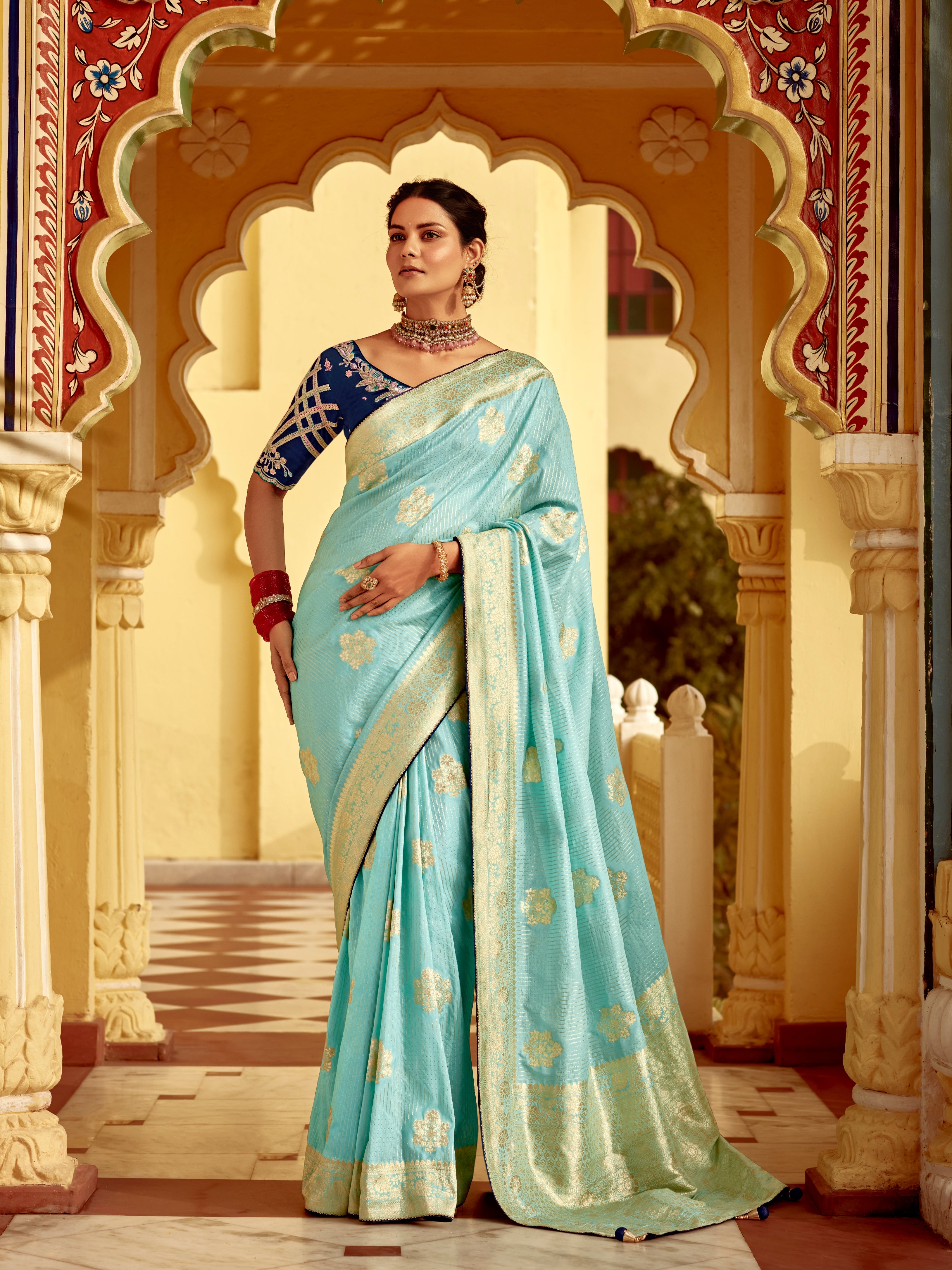 Sky Blue Banarasi Weaving Dola Silk Wedding Saree