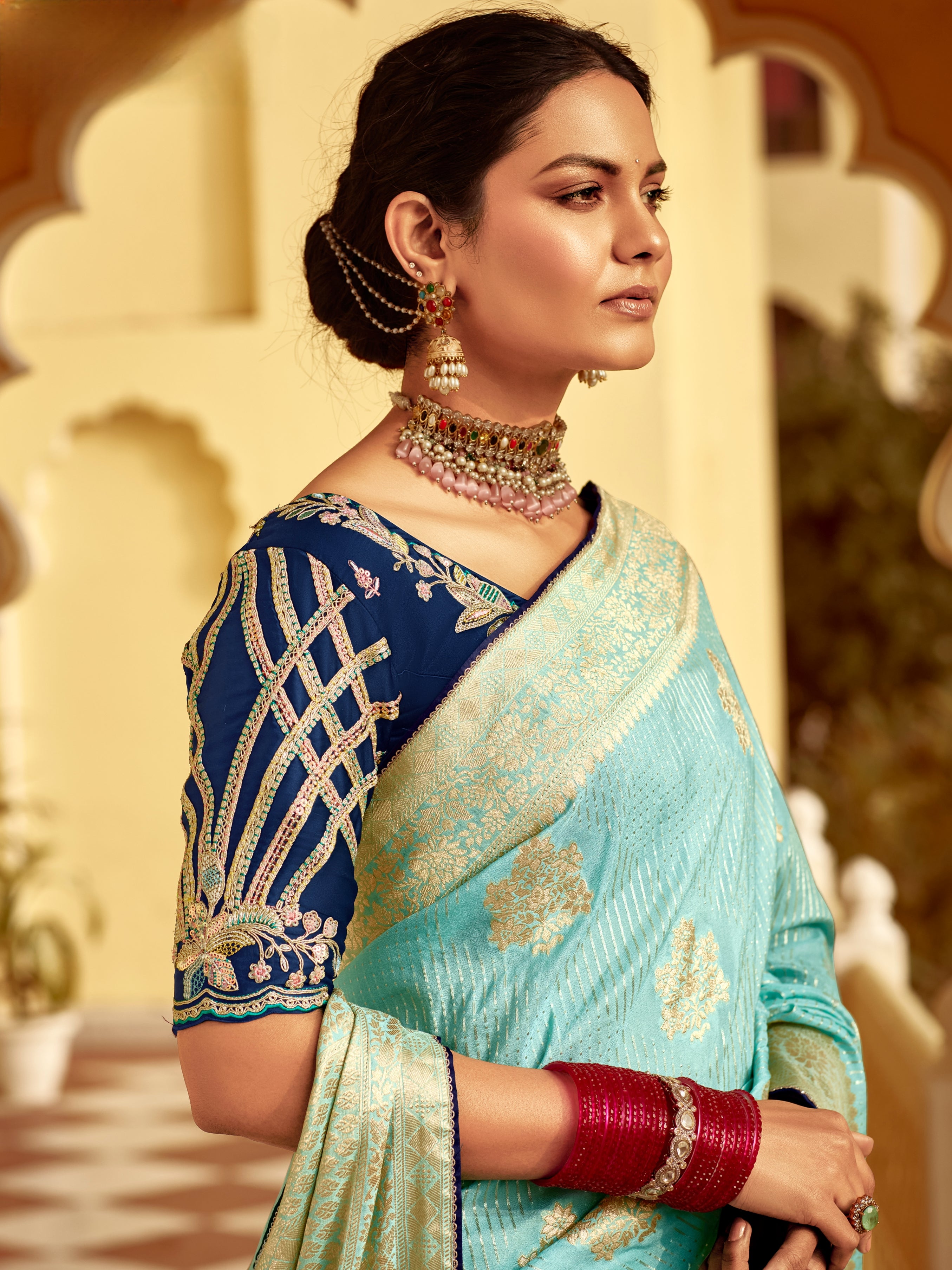 Sky Blue Banarasi Weaving Dola Silk Wedding Saree