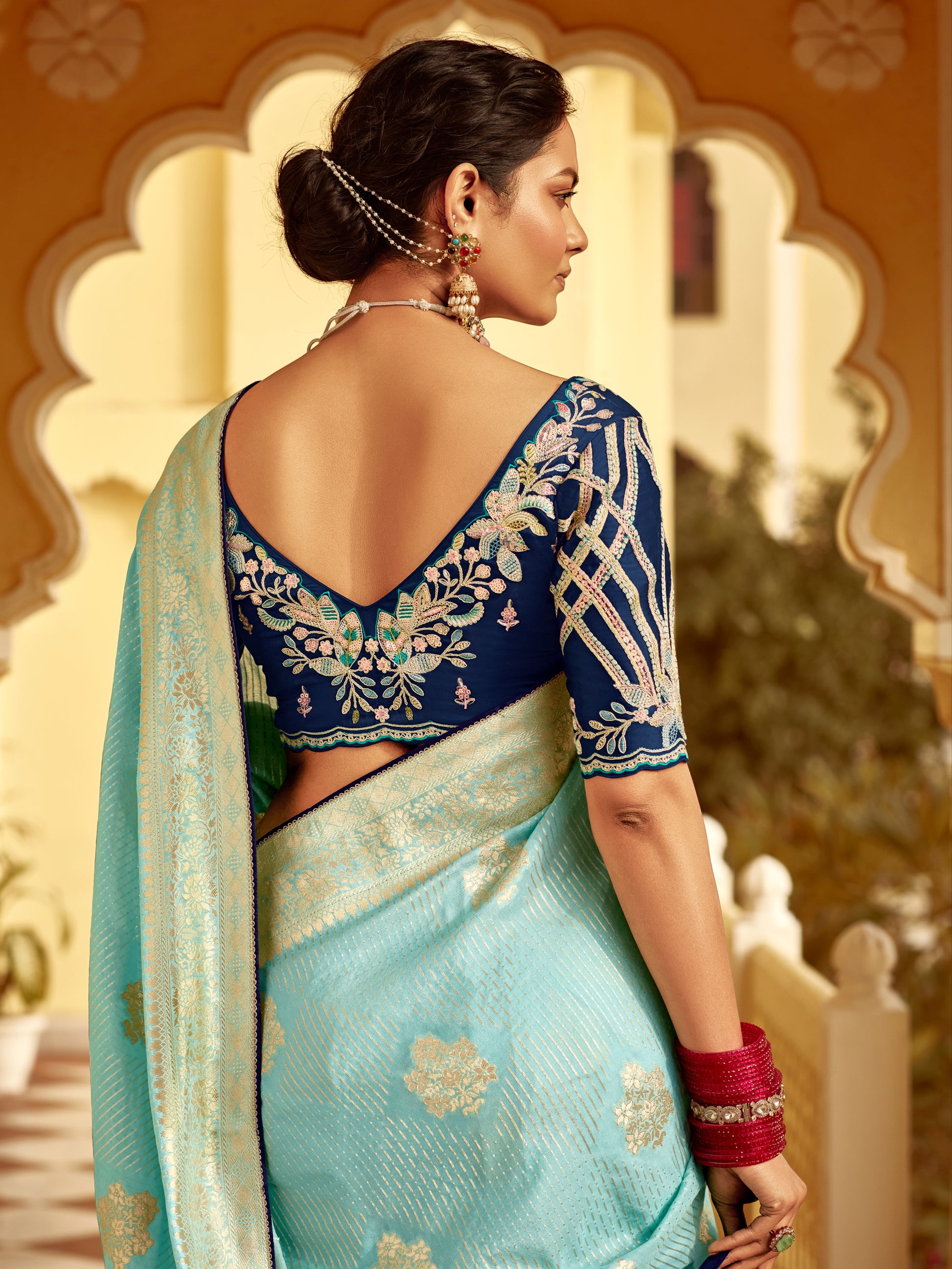 Sky Blue Banarasi Weaving Dola Silk Wedding Saree