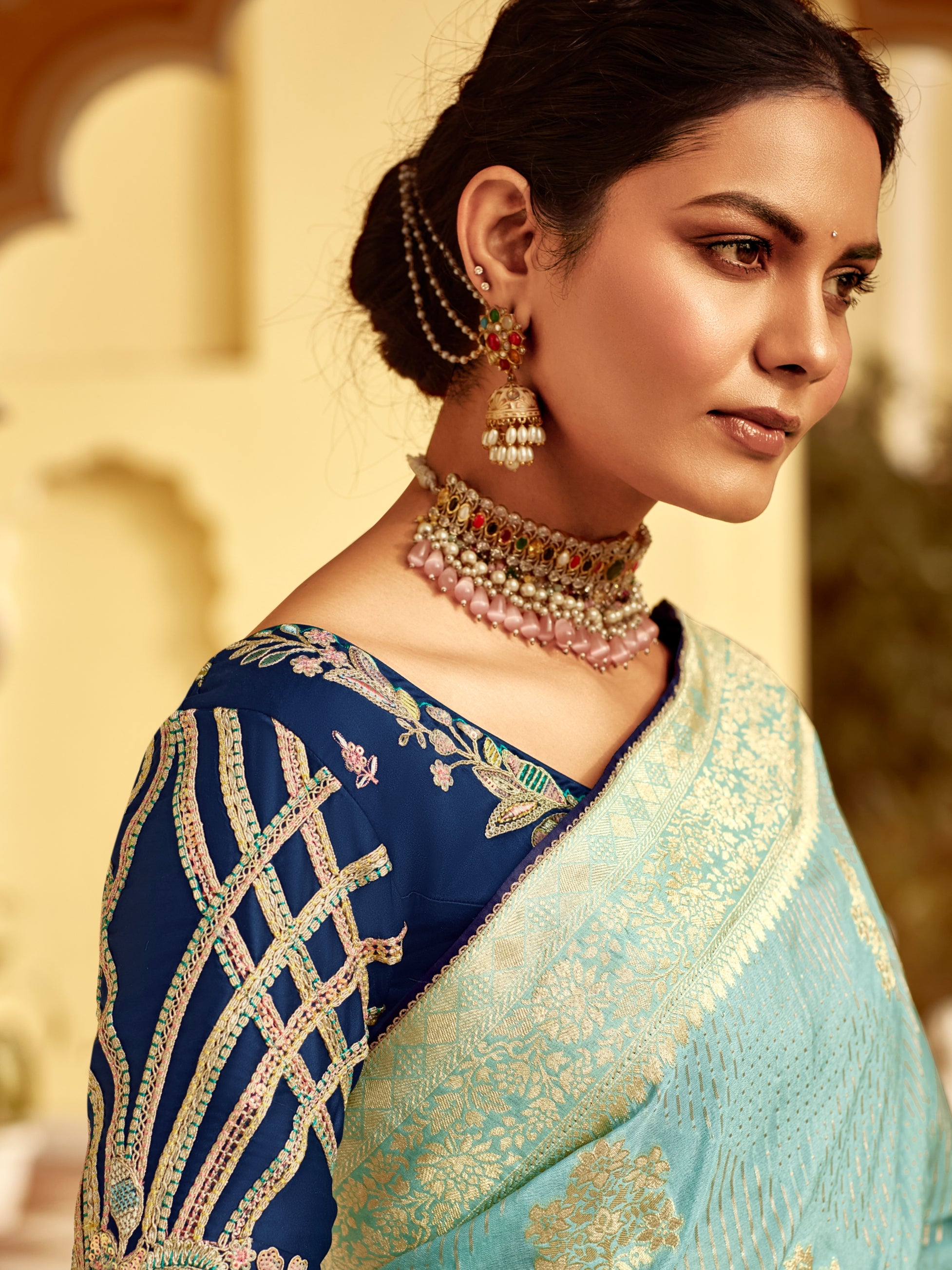 Sky Blue Banarasi Weaving Dola Silk Wedding Saree