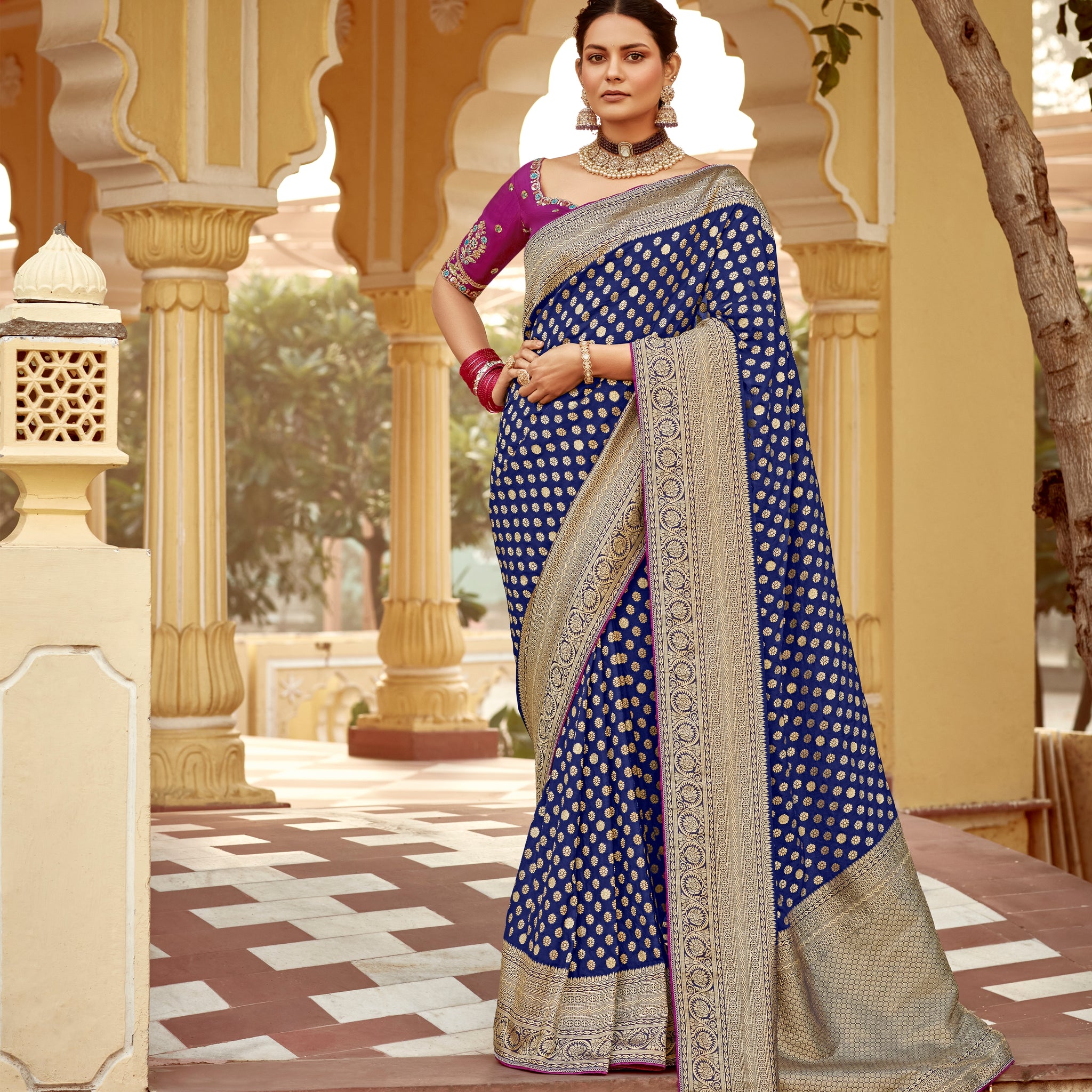 Navy Blue Banarasi Weaving Dola Silk Wedding Saree