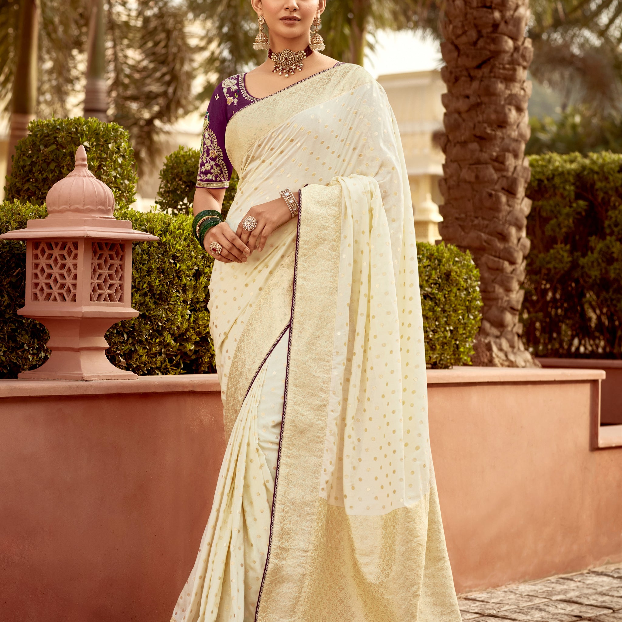 Off-White Designer Dola Silk Wedding Saree with Zari Weaving
