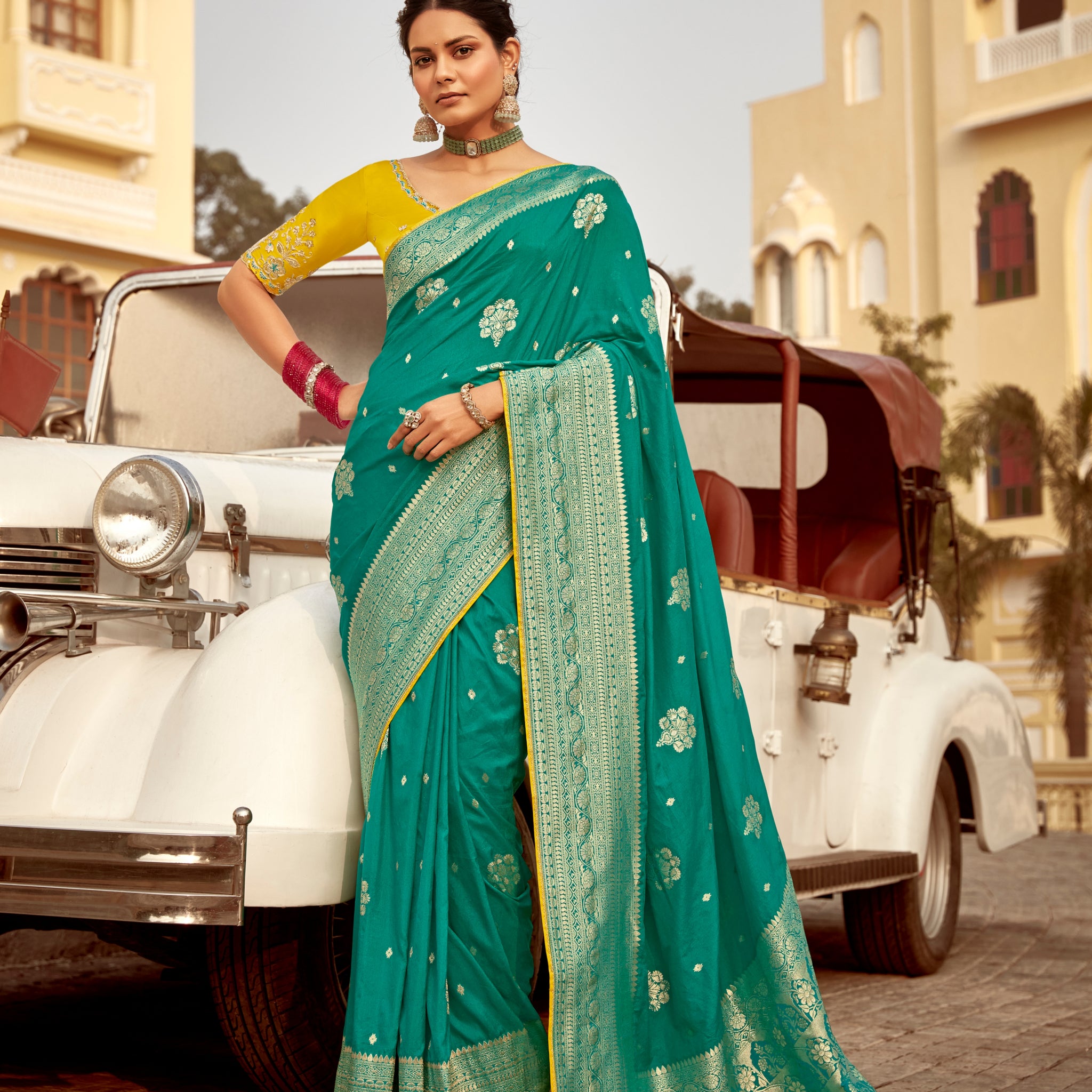 Teal Green Dola Silk Wedding Saree with Heavy Zari Weaving