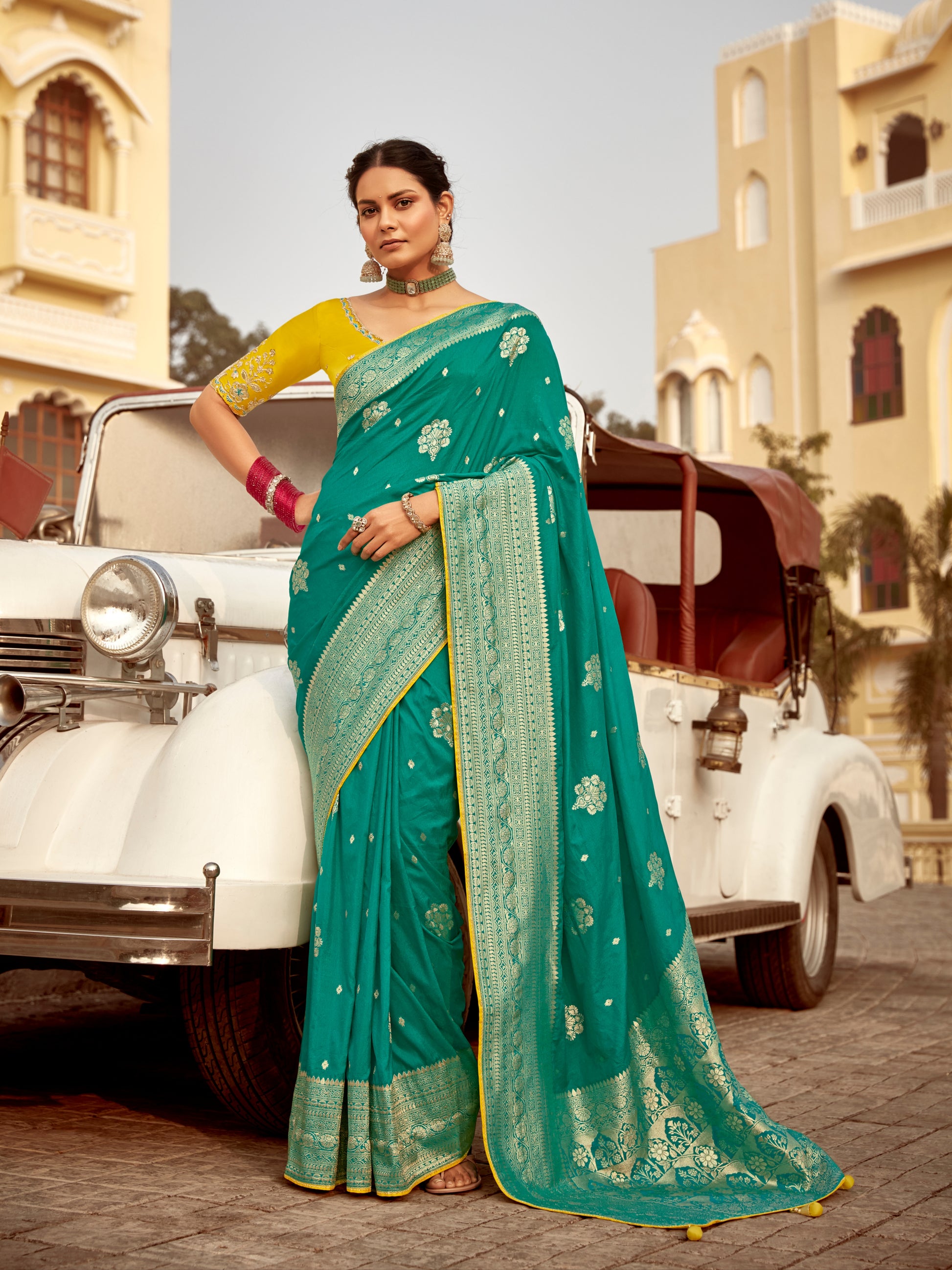 Teal Green Dola Silk Wedding Saree with Heavy Zari Weaving