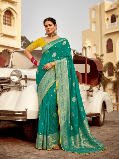 Teal Green Dola Silk Wedding Saree with Heavy Zari Weaving