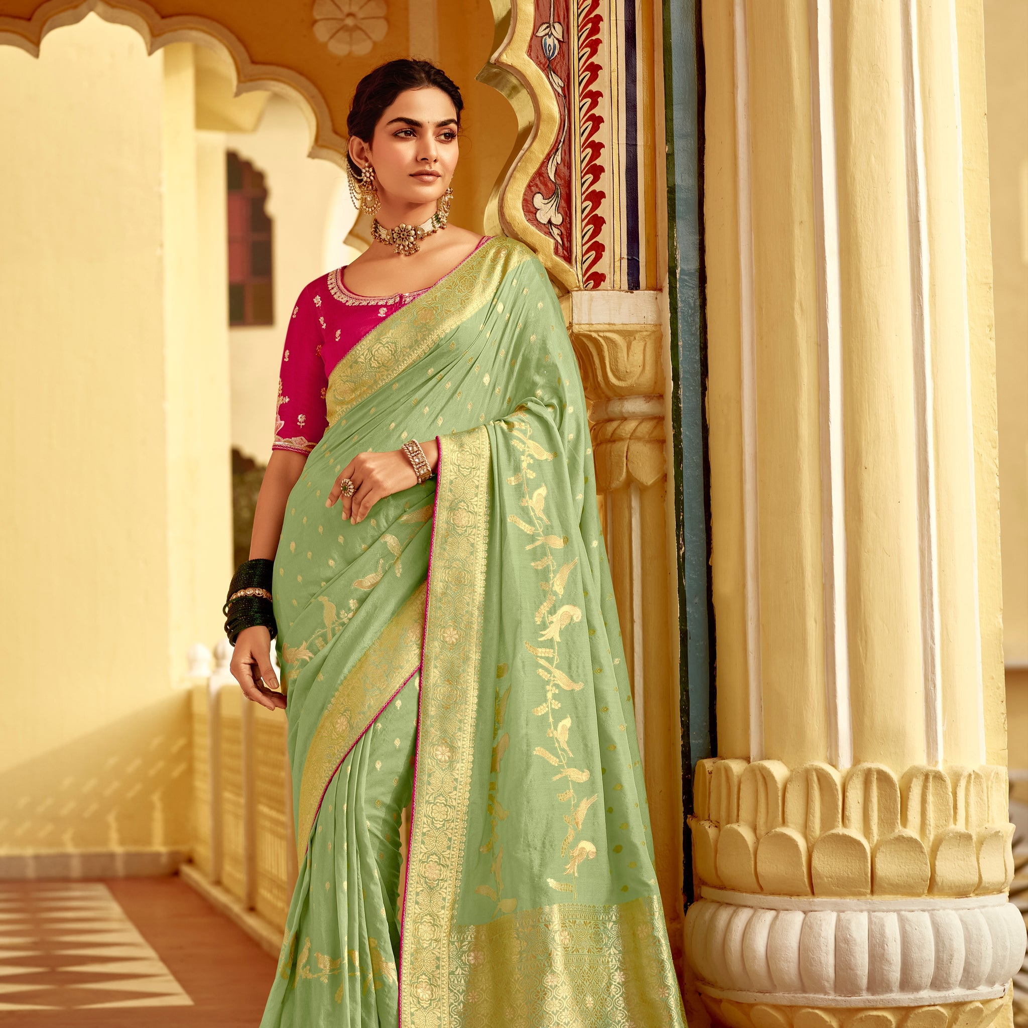 Mint Green Dola Silk Wedding Saree with Golden Zari Weaving