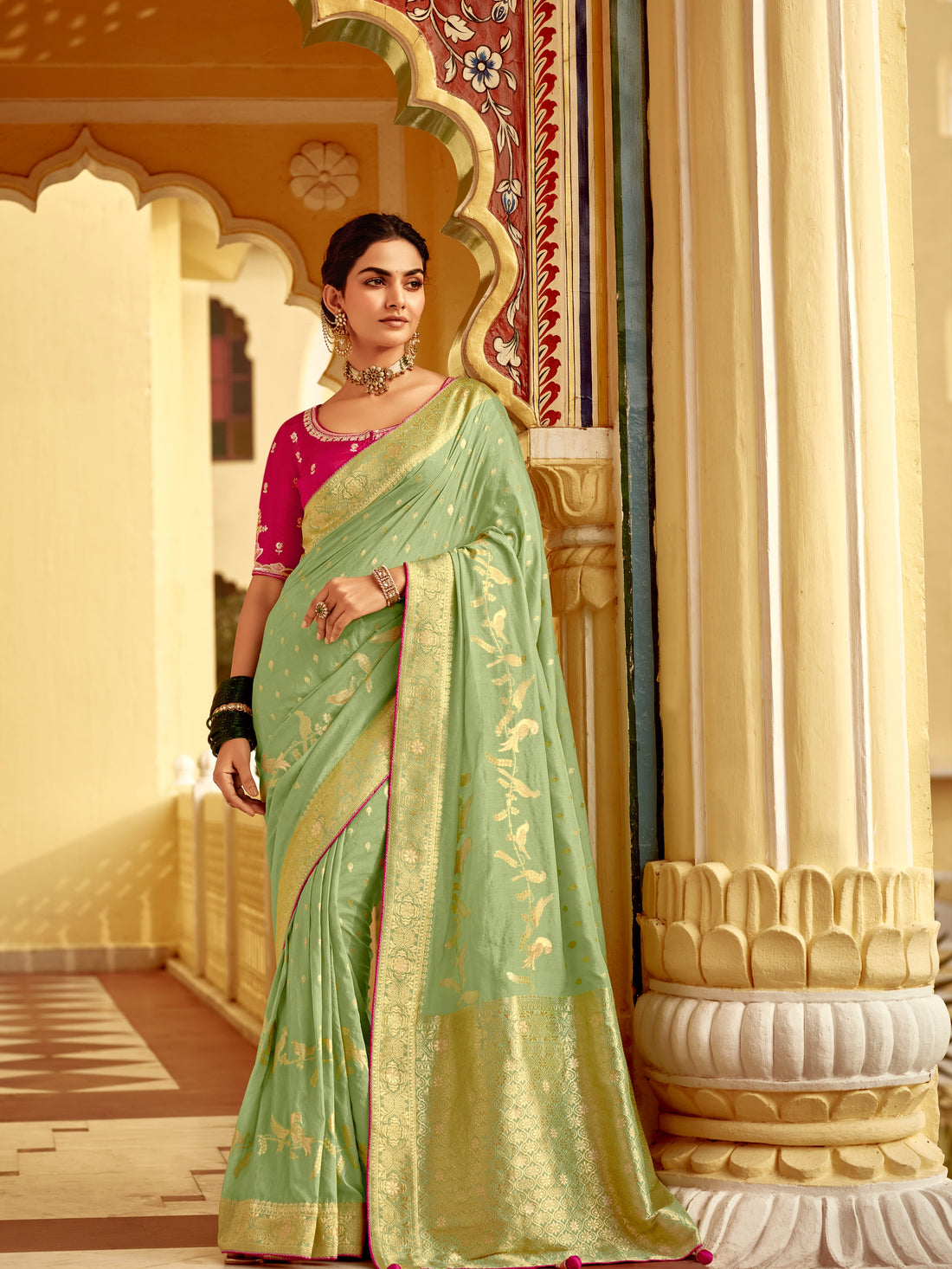 Mint Green Dola Silk Wedding Saree with Golden Zari Weaving