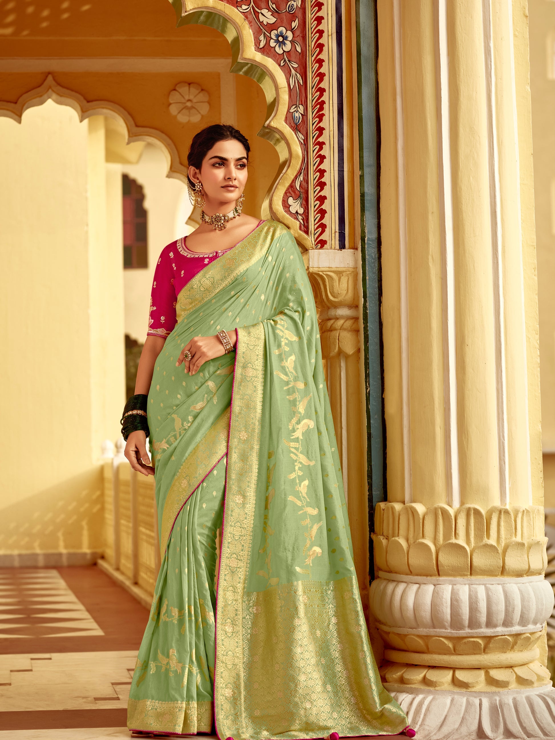 Mint Green Dola Silk Wedding Saree with Golden Zari Weaving