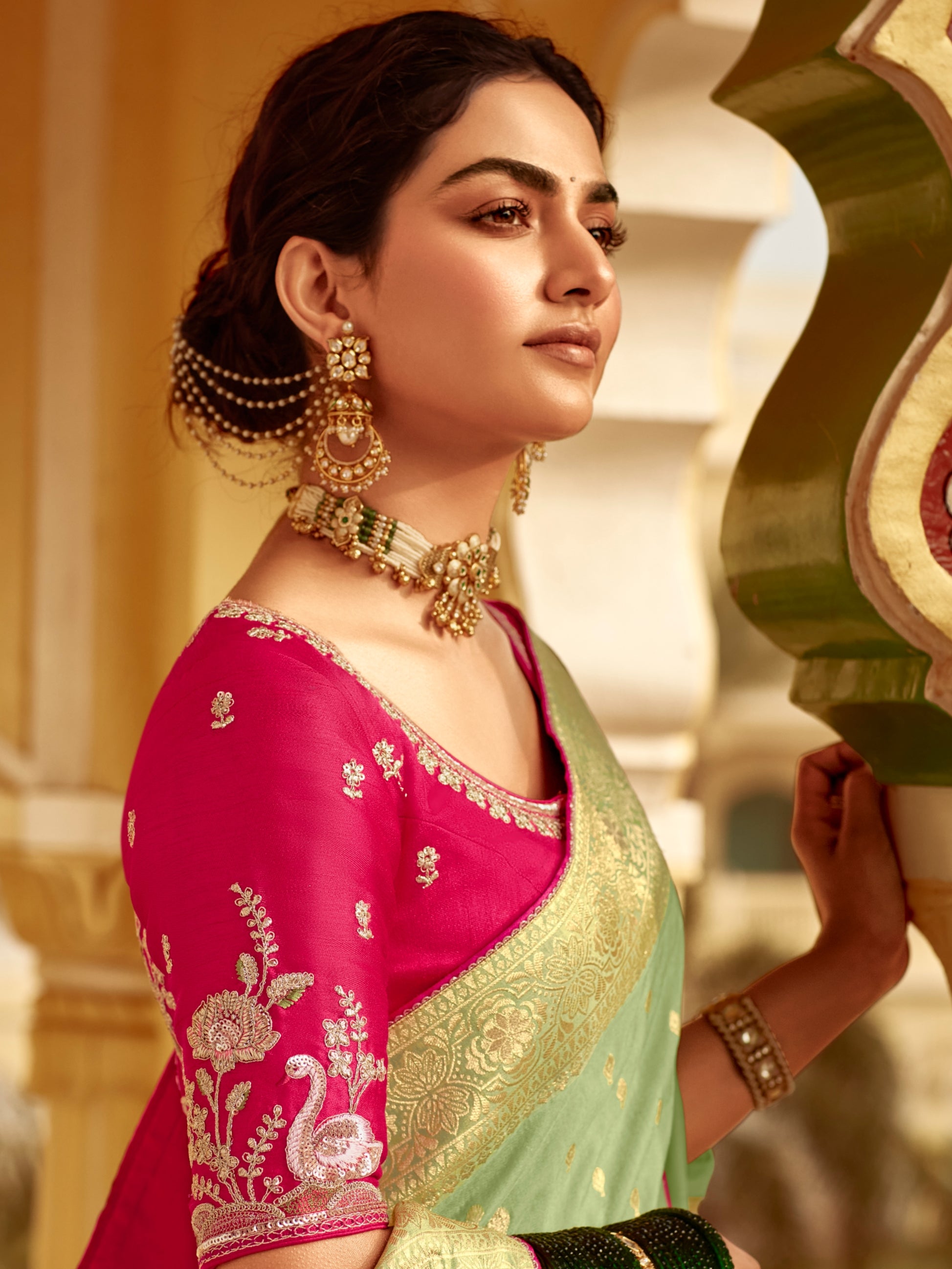 Mint Green Dola Silk Wedding Saree with Golden Zari Weaving