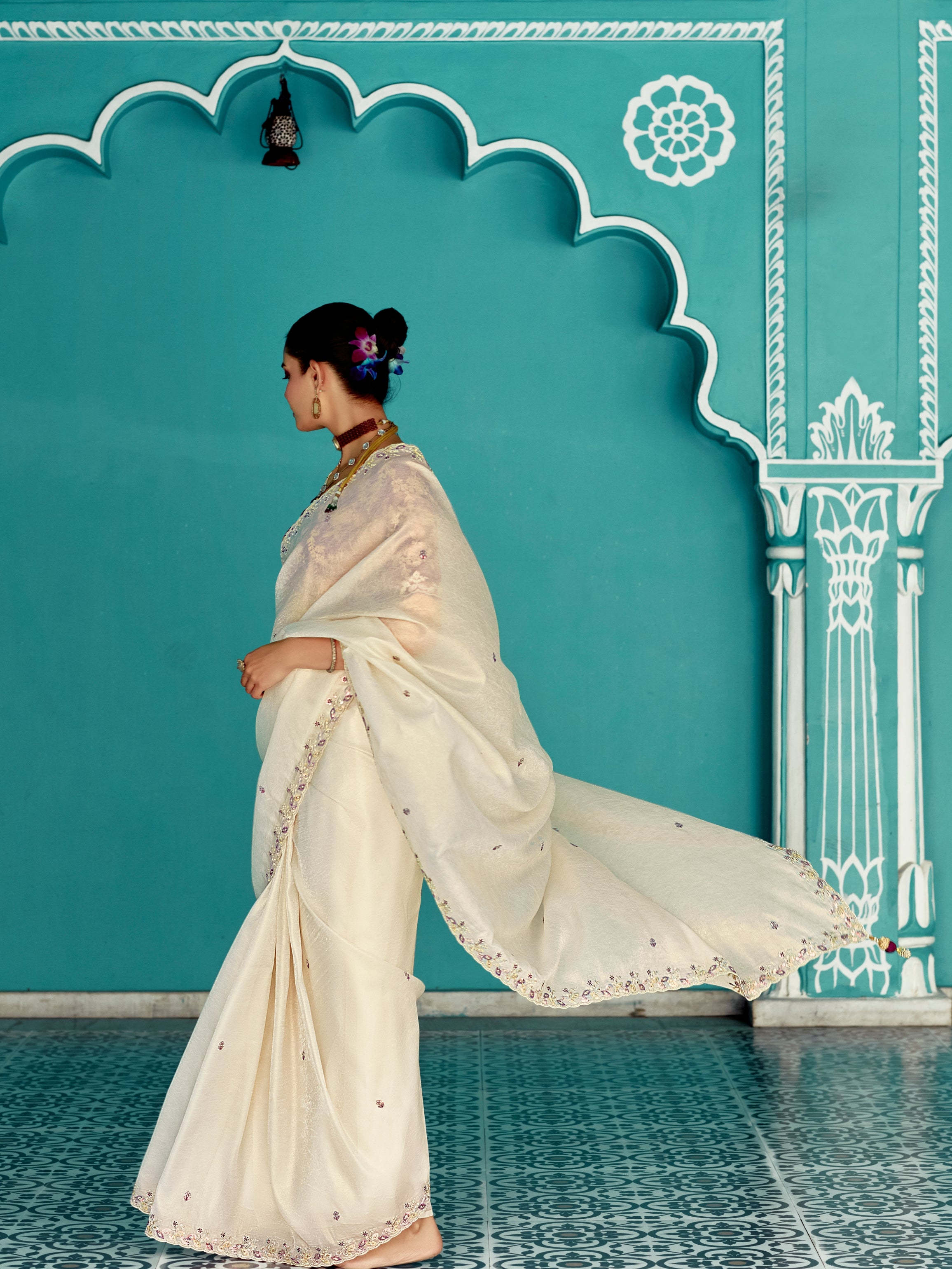 Off-White Glass Tissue Fancy Saree with Heavy Border
