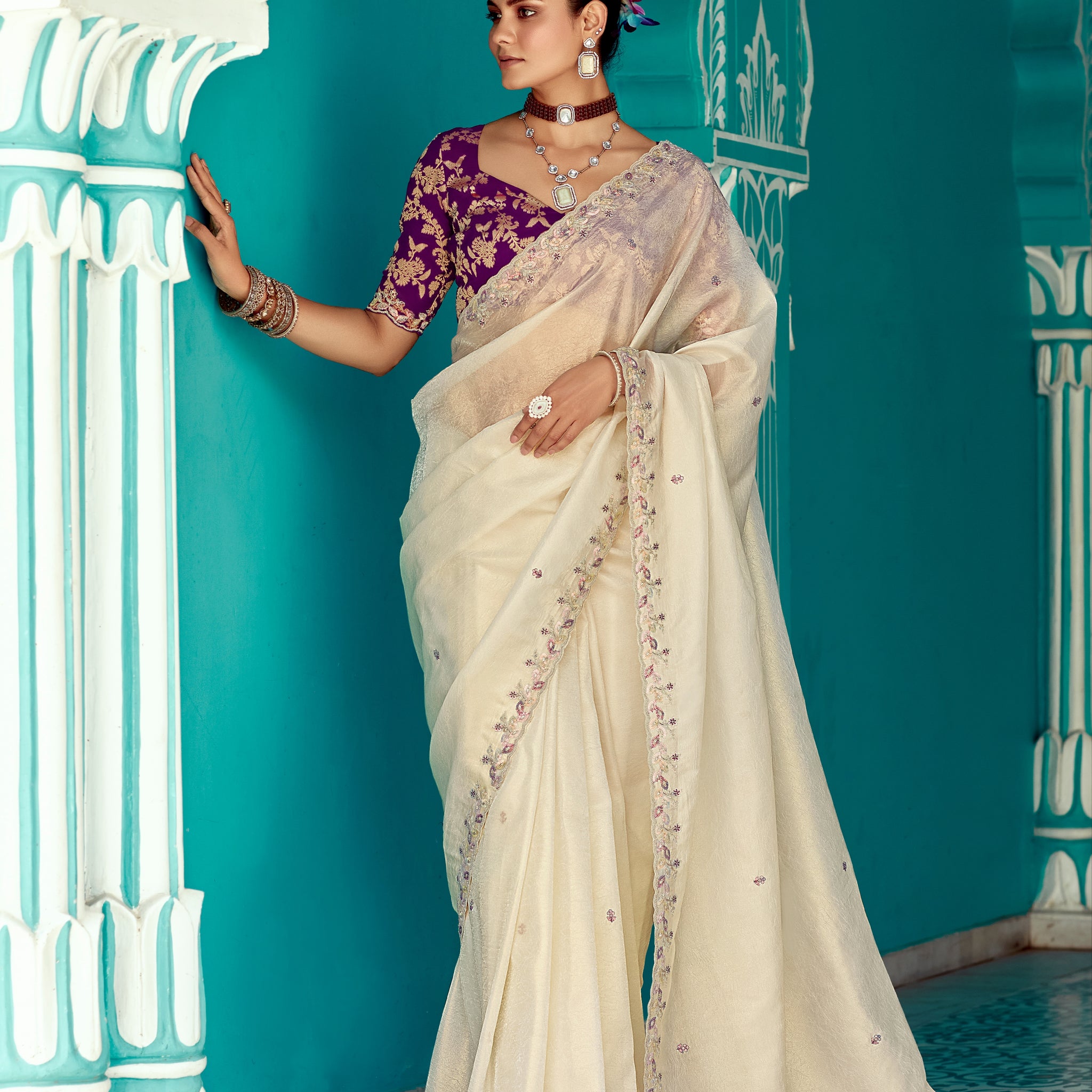 Off-White Glass Tissue Fancy Saree with Heavy Border