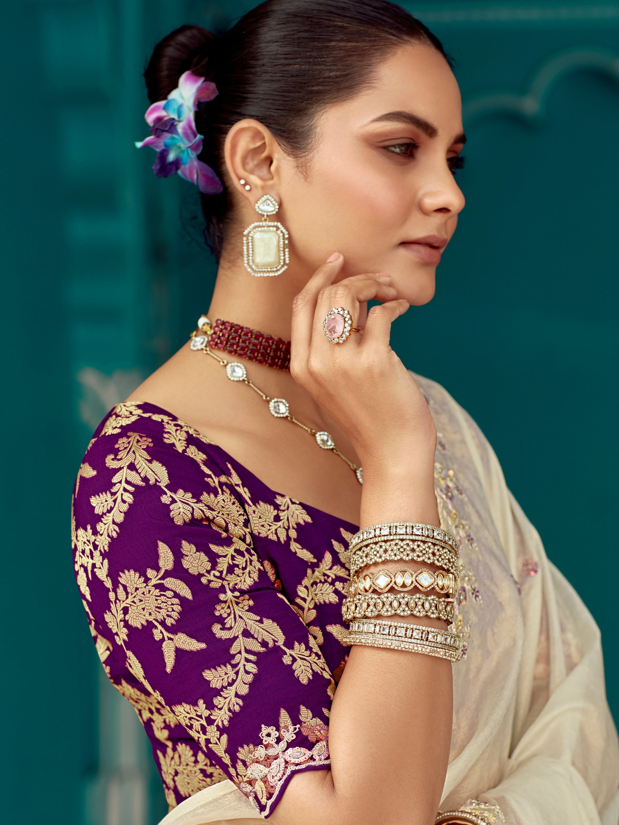 Off-White Glass Tissue Fancy Saree with Heavy Border