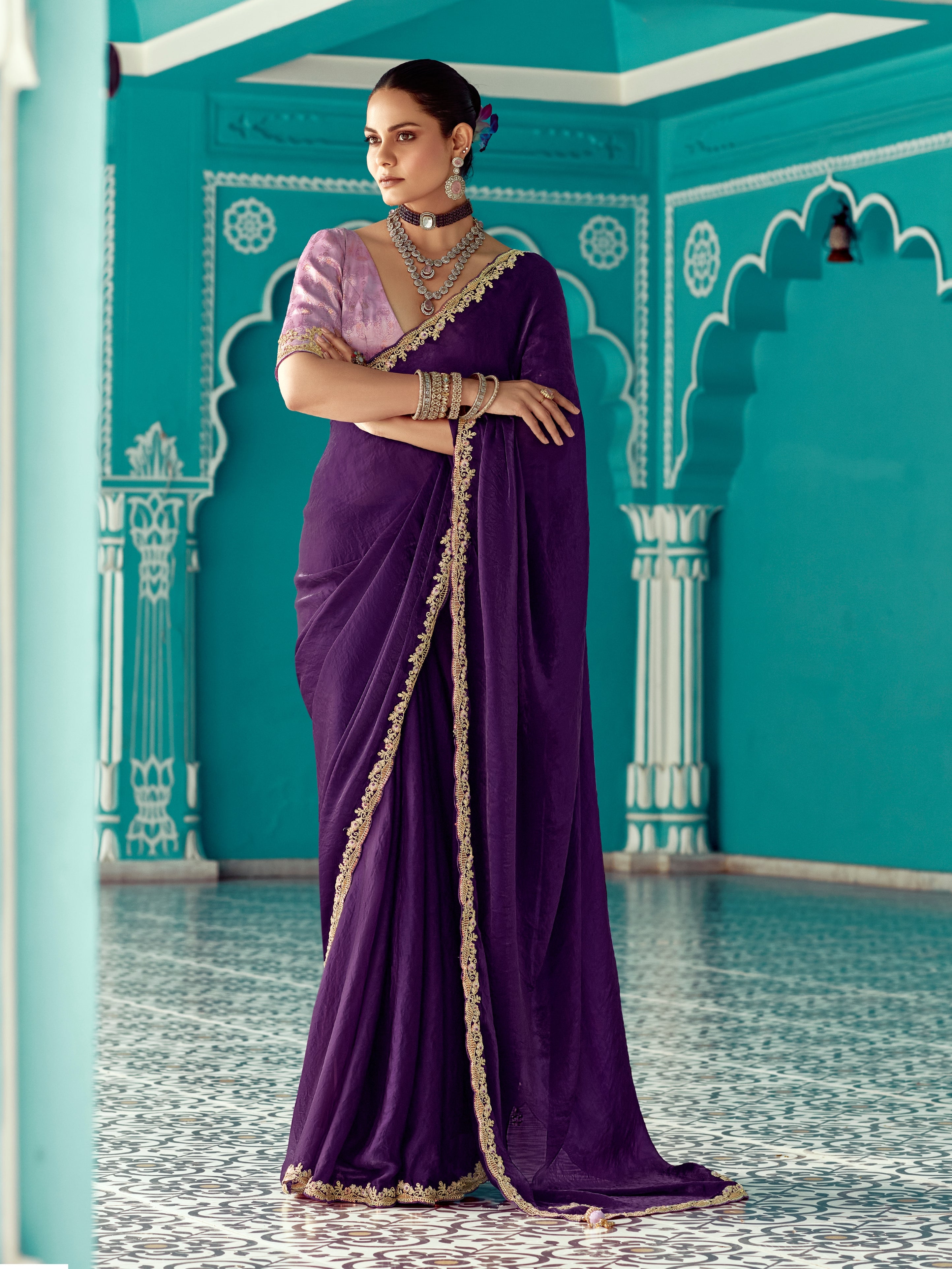 Deep Purple Organza Saree with Border Dazzles
