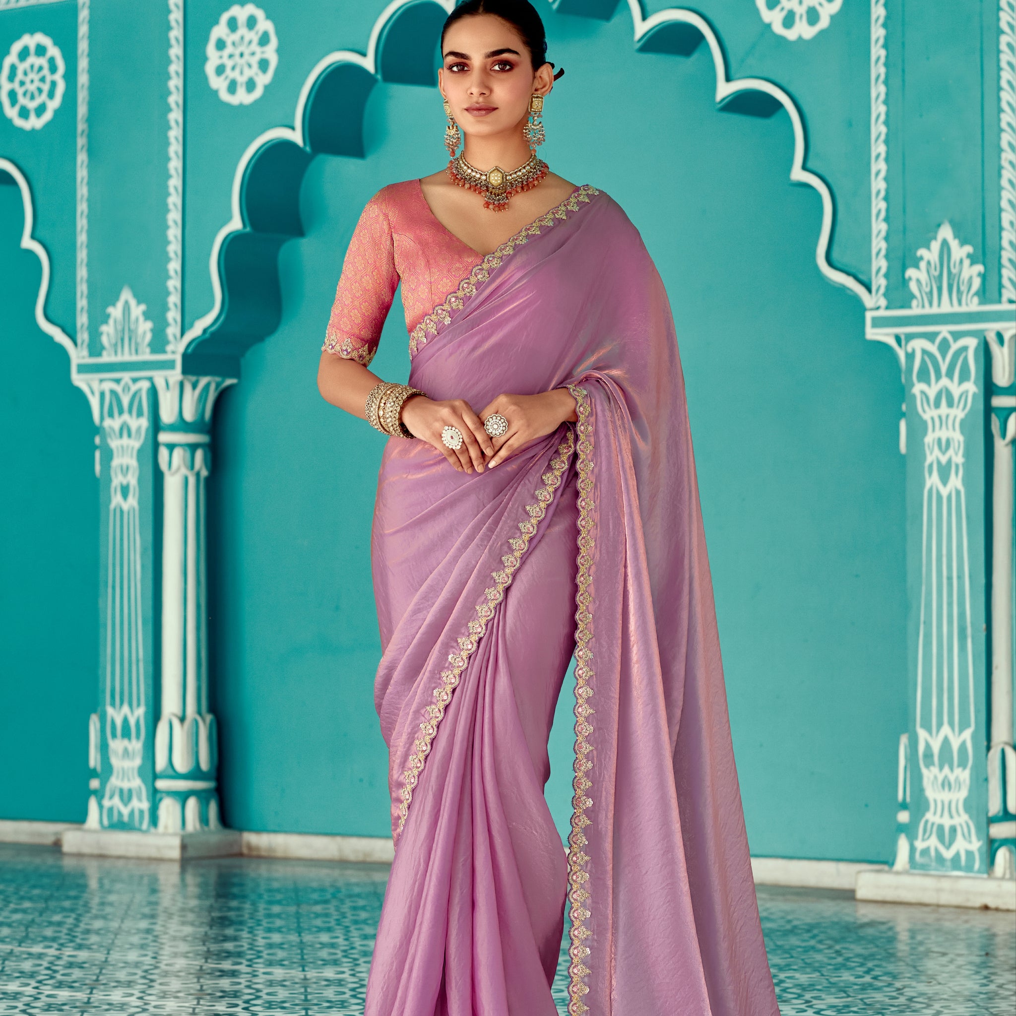 Lavender Organza Designer Saree with Moti Work