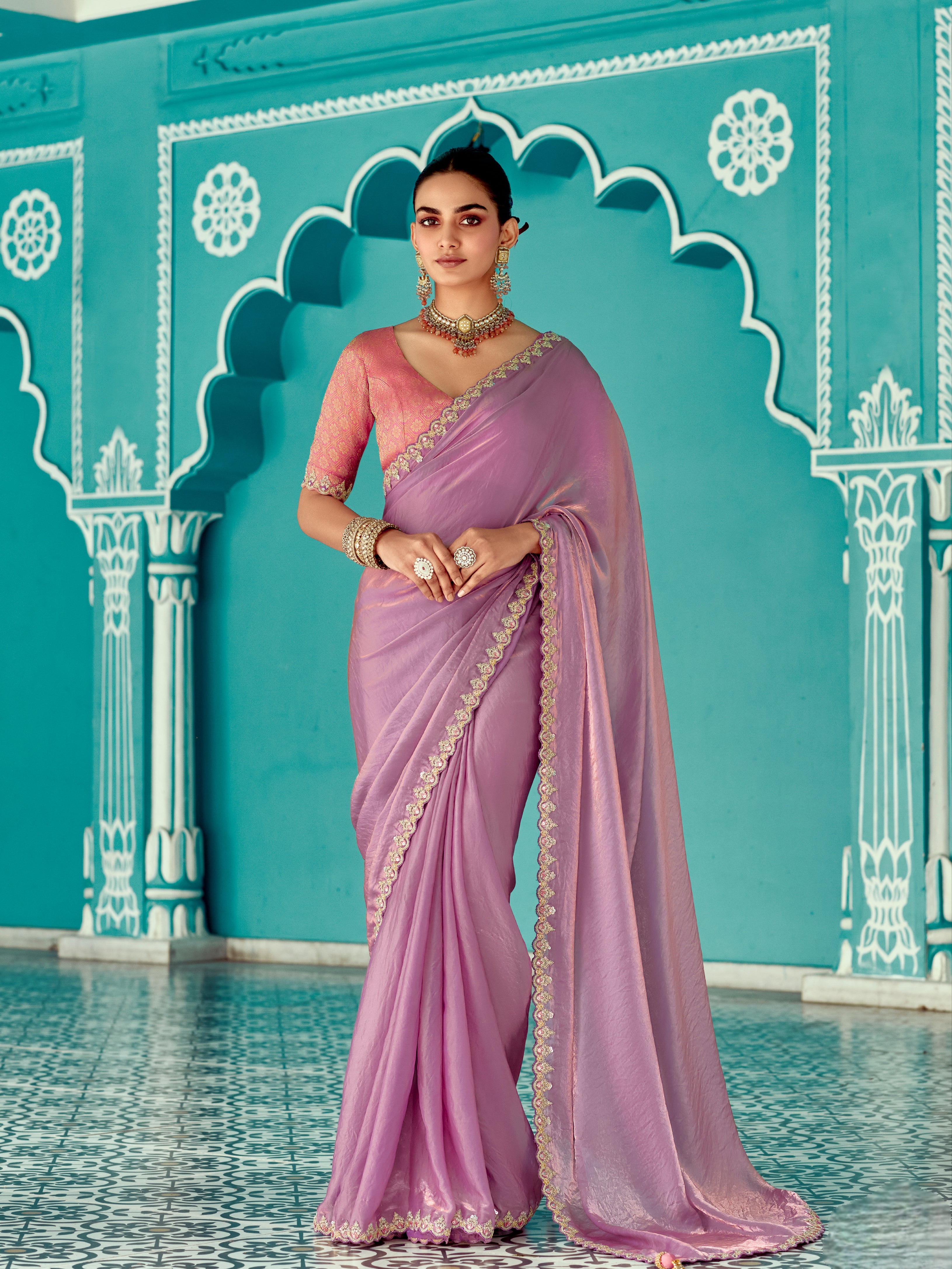 Lavender Organza Designer Saree with Moti Work