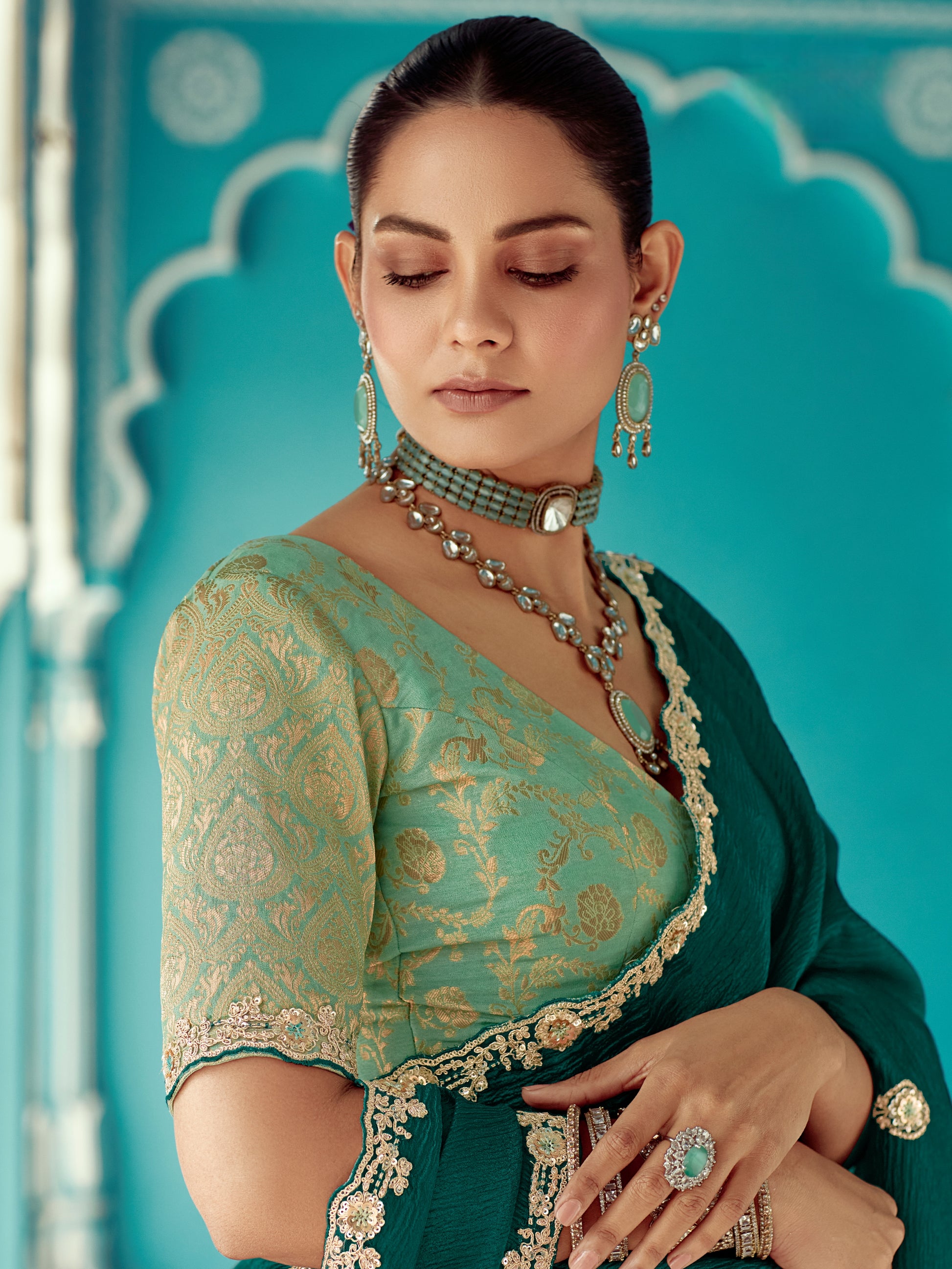 Bottle Green Organza Saree with Sequin Embroidery