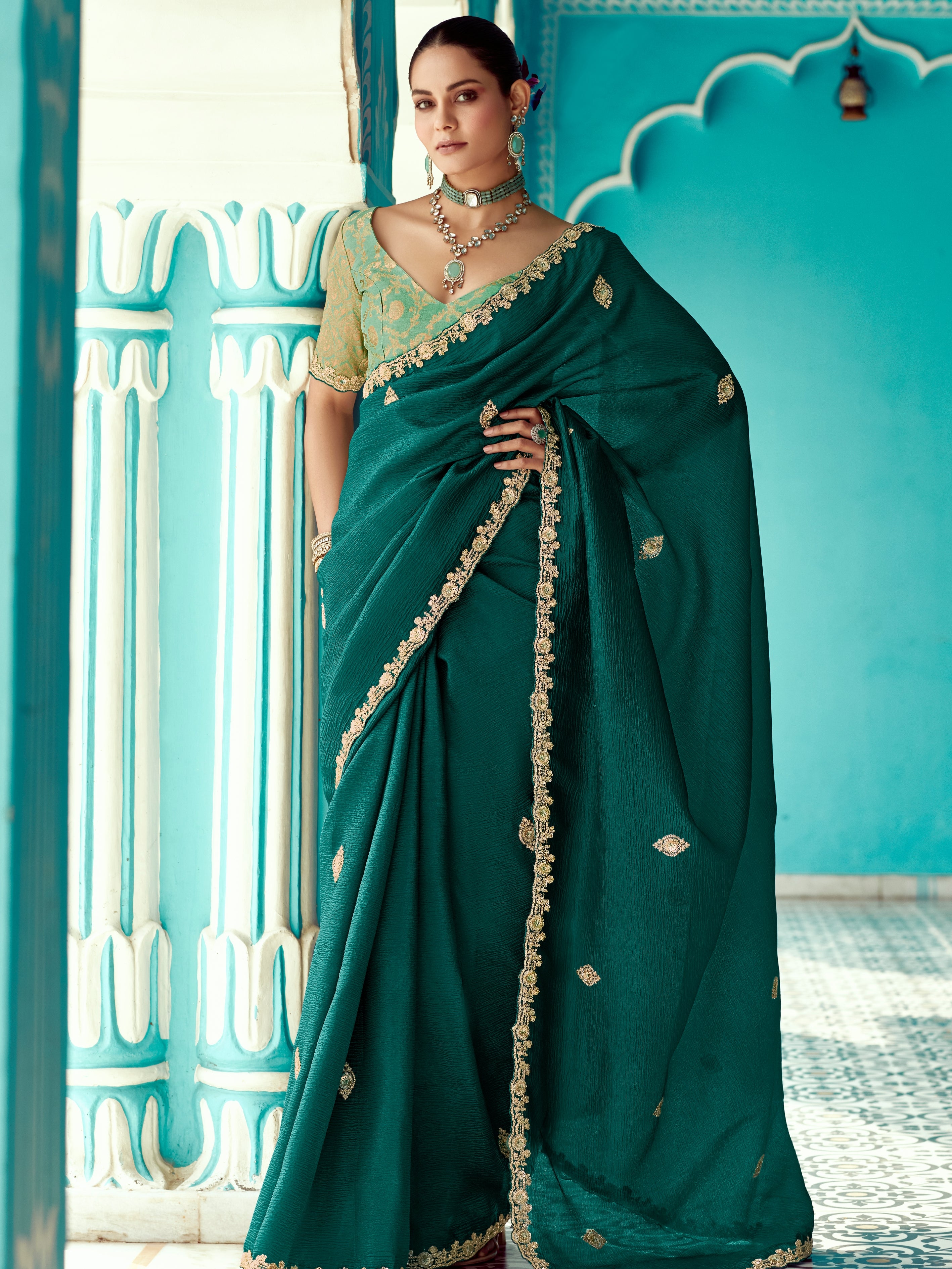 Bottle Green Organza Saree with Sequin Embroidery